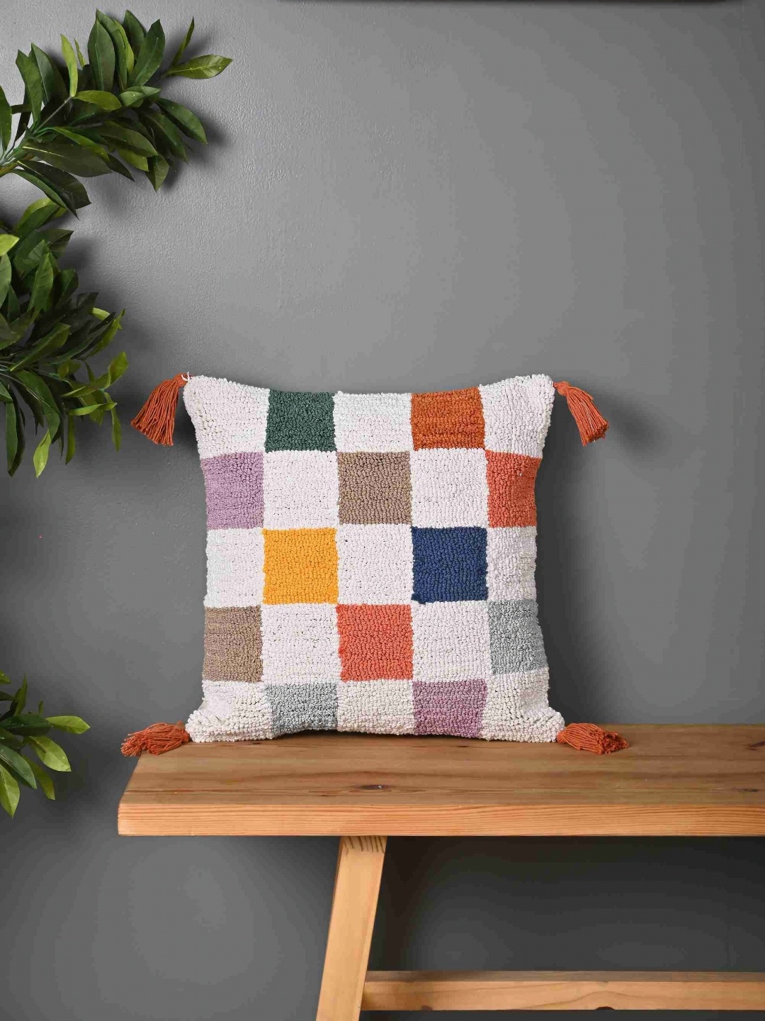 

Aura White & Orange Geometric Embroidered Cotton Square Cushion Cover