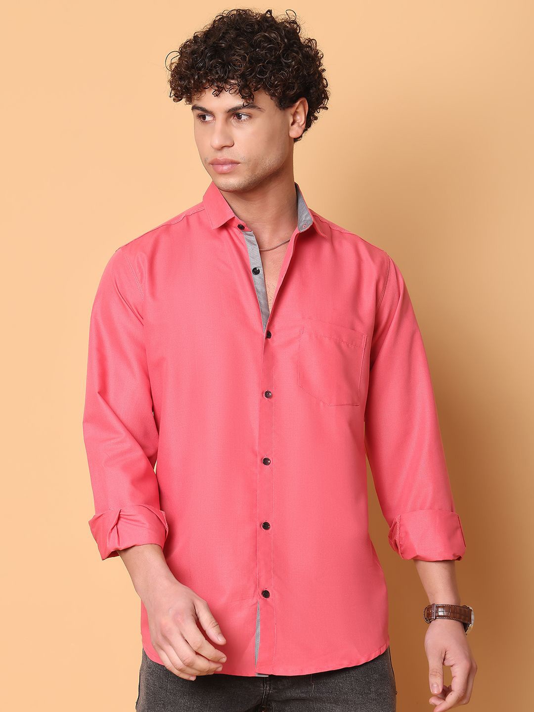 

Tanip Men Spread Collar Solid Cotton Casual Shirt, Pink