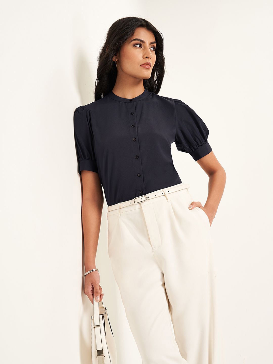 

Annabelle by Pantaloons Puff Sleeve Shirt Style Top, Navy blue