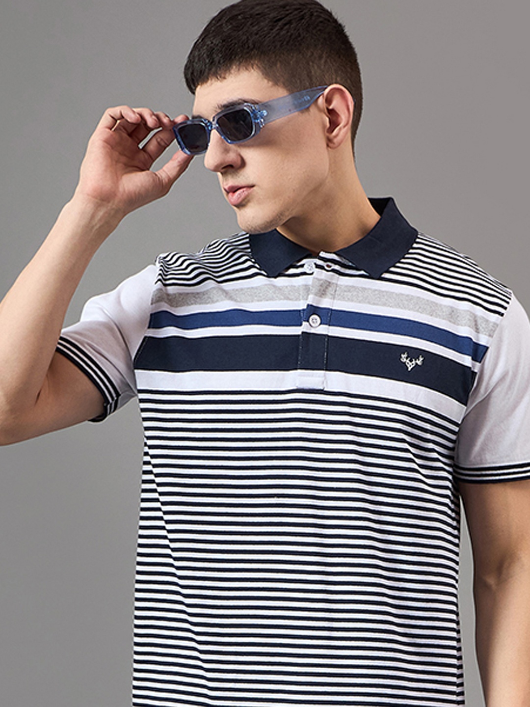 

BRONATION Men Striped Polo Collar Cotton T-shirt, White
