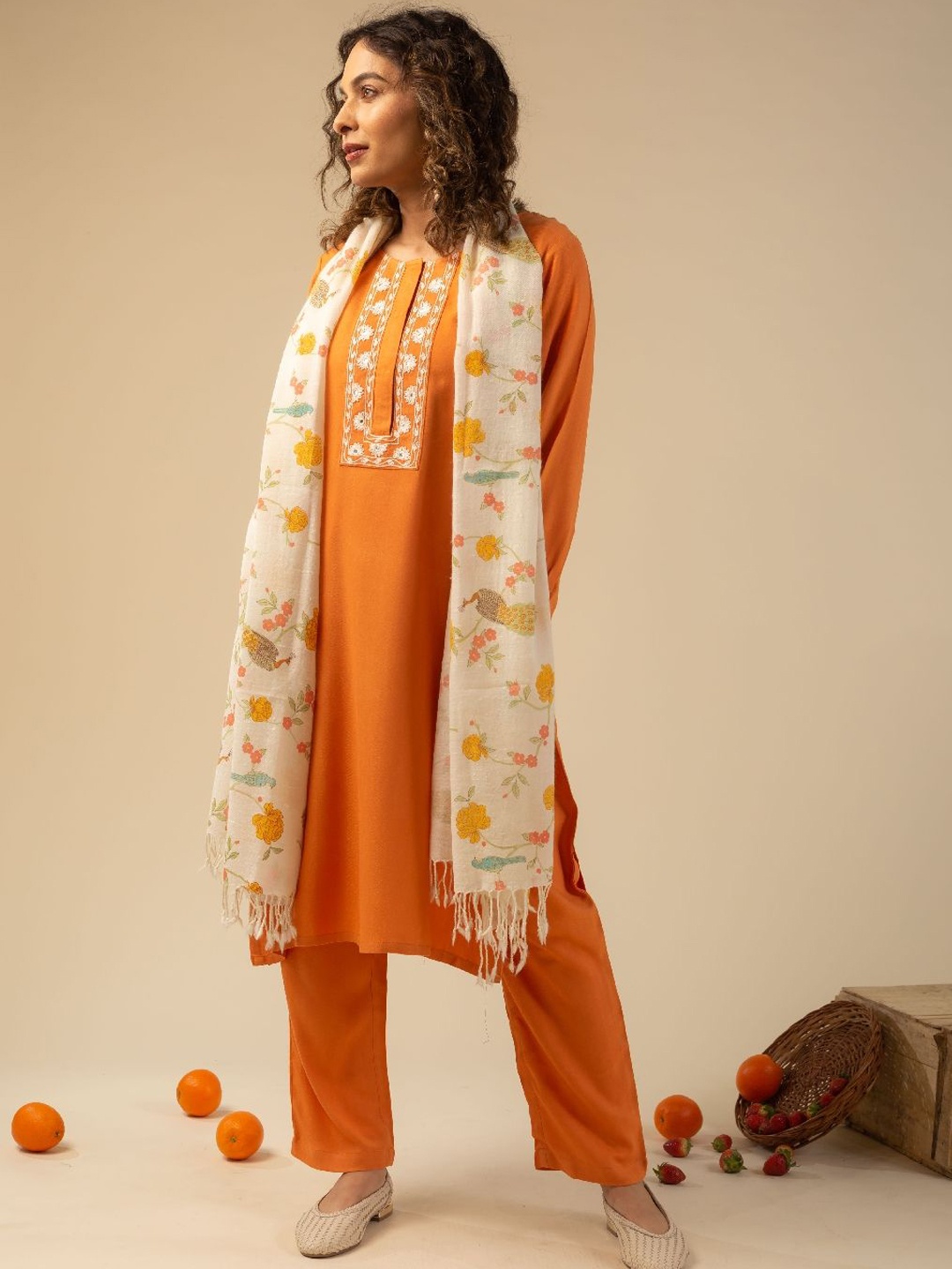 

KUSVAA Floral Embroidered Straight Thread Work Kurta With Trousers, Orange