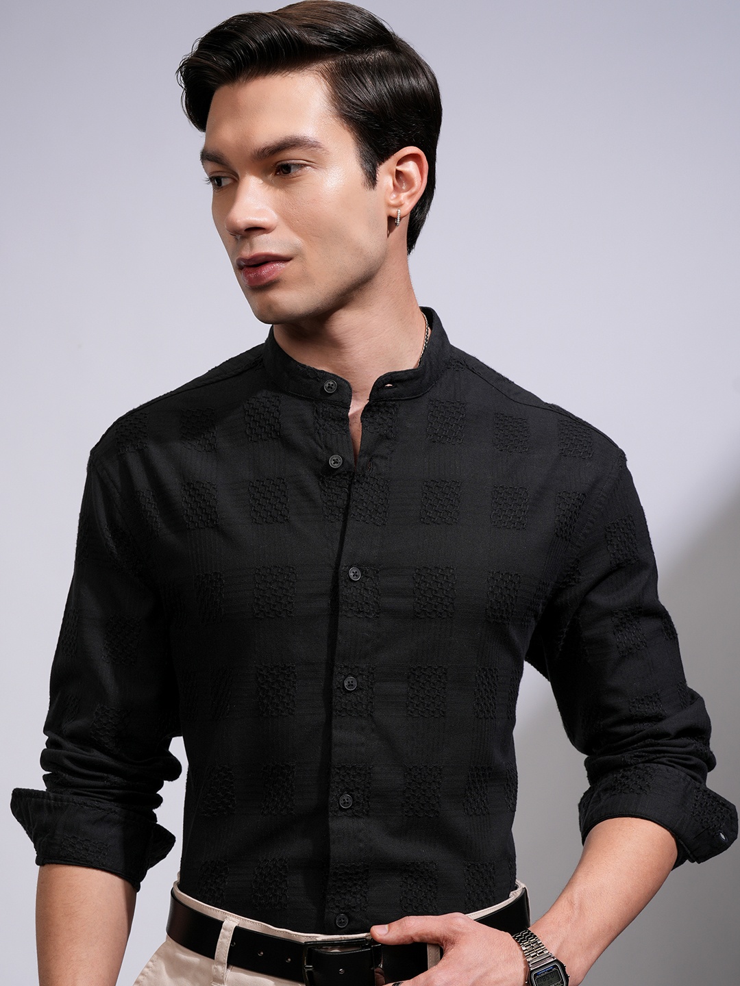 

HIGHLANDER Men Relaxed Fit Band Collar Textured Cotton Casual Shirt, Black