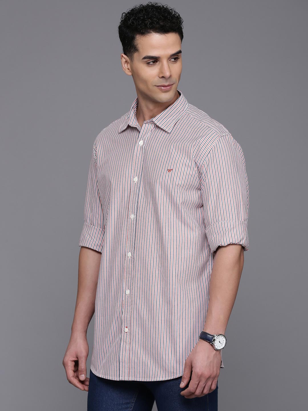 

INVICTUS Men Standard Fit Spread Collar Vertical Striped Cotton Casual Shirt, Orange