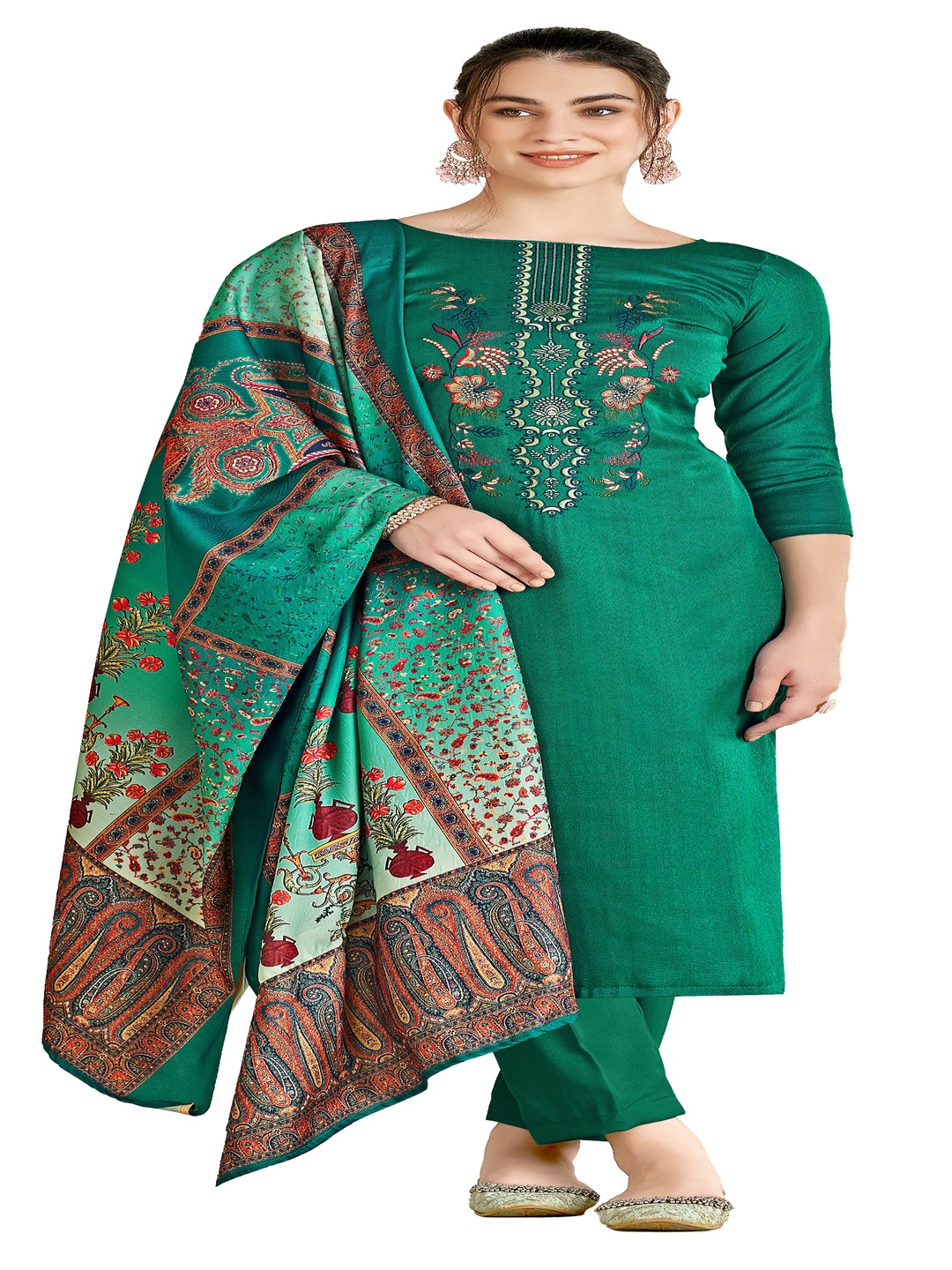 

DRAVINAM Trends Floral Printed Pashmina Unstitched Dress Material, Green