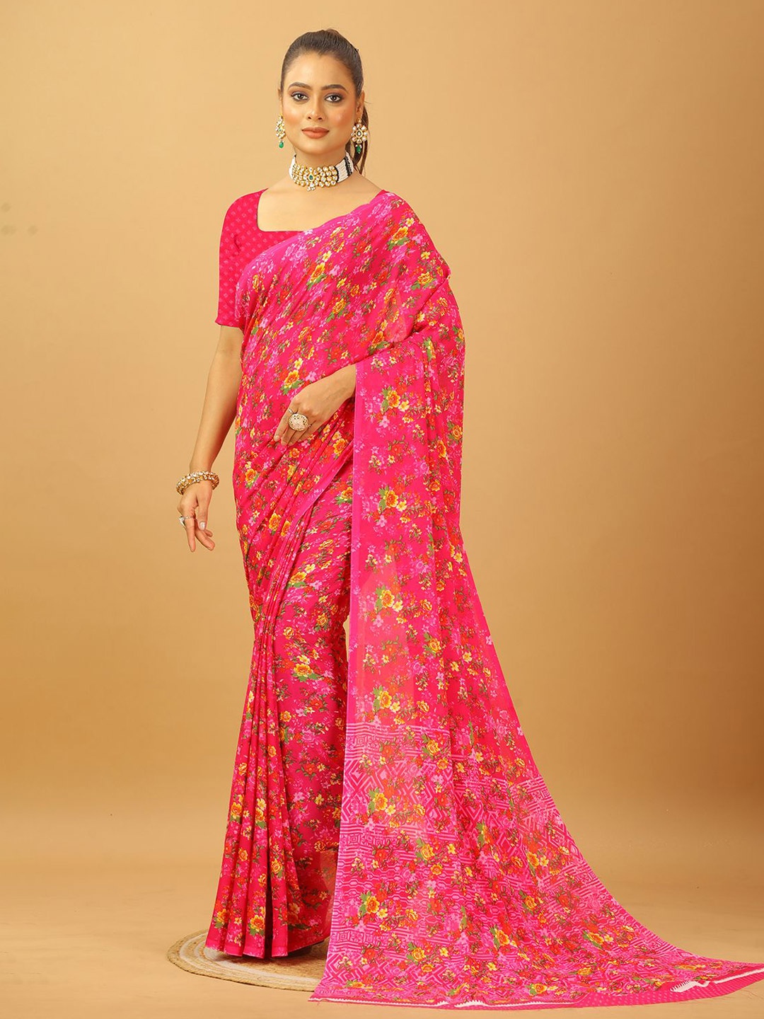 

A.V.M. SILK MILLS Floral Pure Georgette Saree, Pink