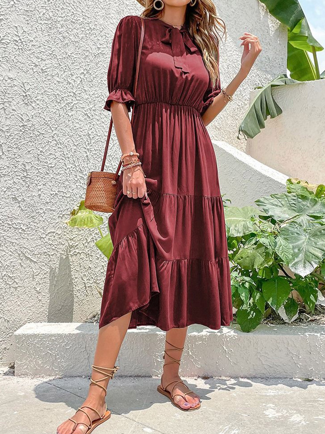 

StyleCast Women Tie-Up Neck A-Line Midi Dress, Maroon