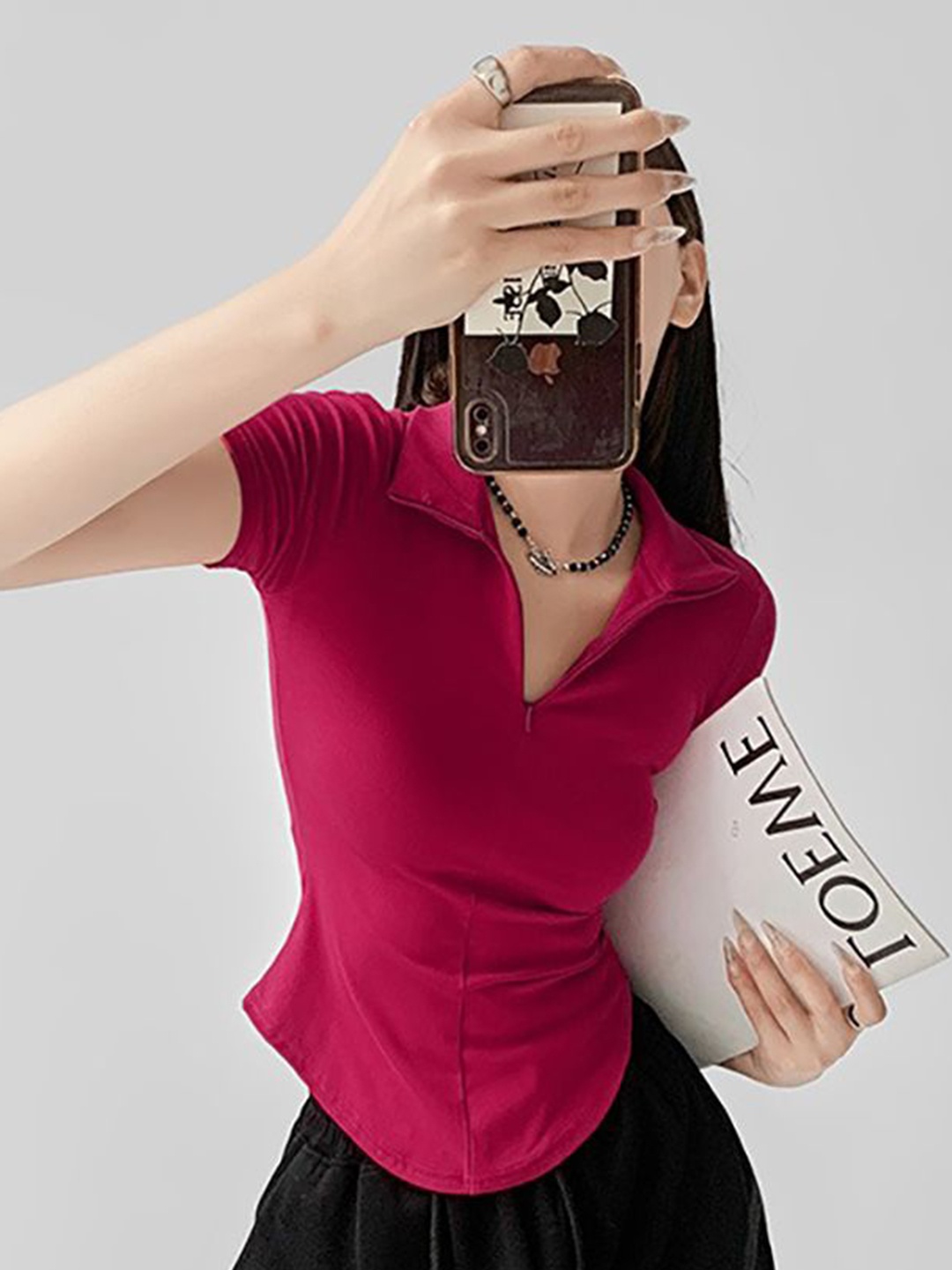

StyleCast x Revolte Women Shirt Collar Crop Top, Fuchsia