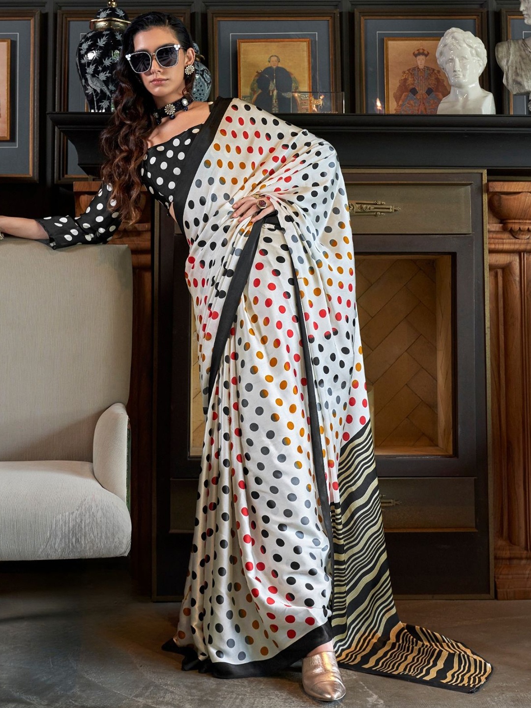 

BLENDIFY Women Polka Dot Satin Saree, White