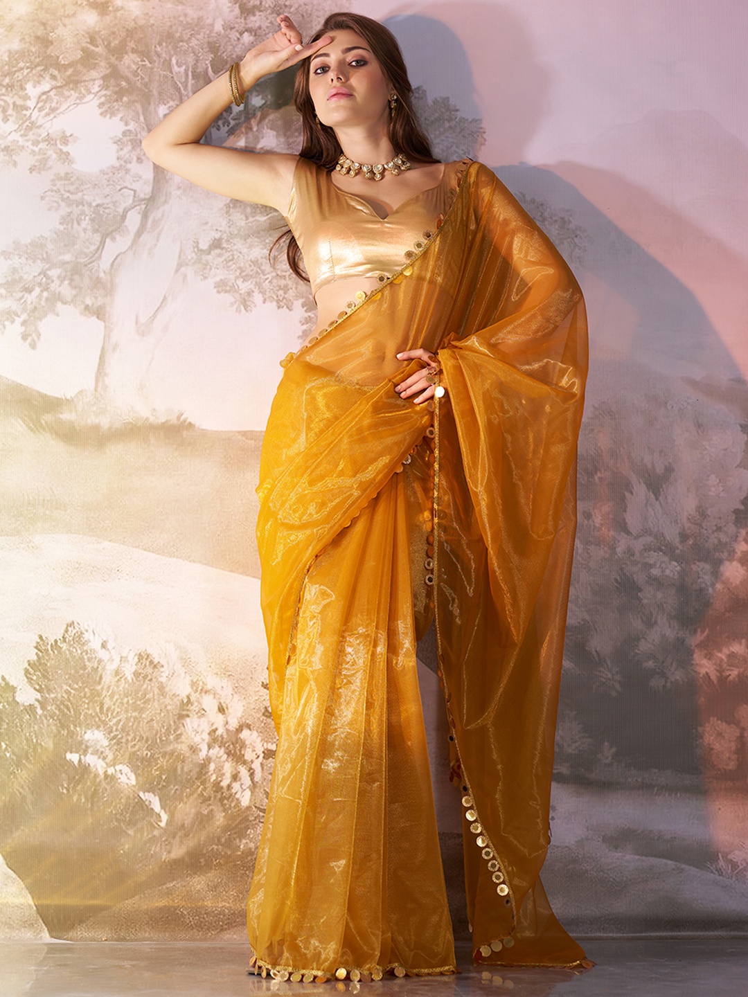 

Mitera Sequinned Organza Saree, Gold