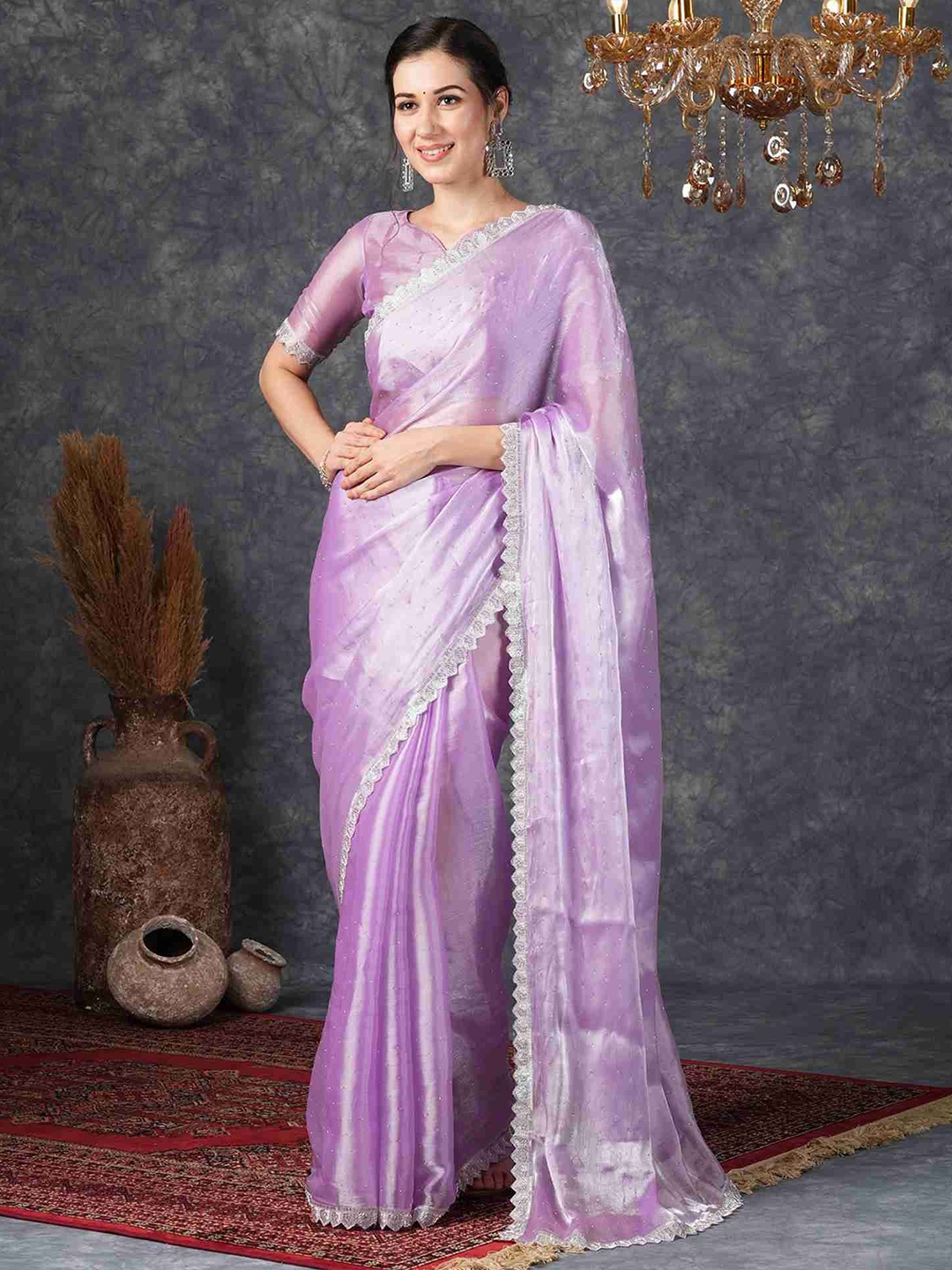 

DHARMEE Women Embellished Beads and Stones Saree With Blouse., Lavender