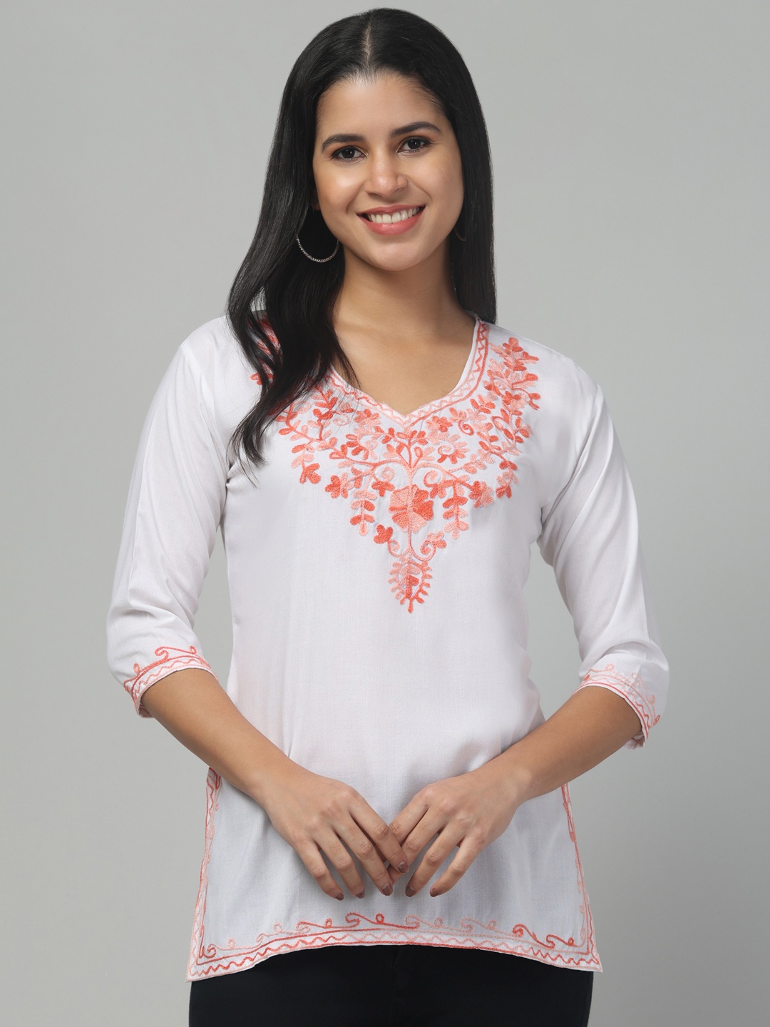 

Trend Level Women Floral Embroidered Kurti, White