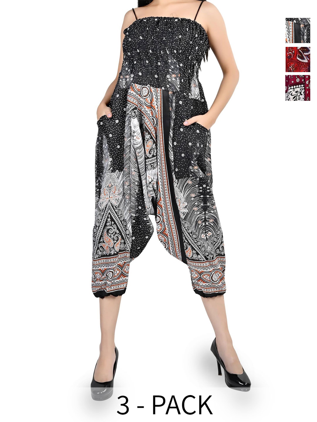 

NarNari Women Pack Of 3 Ethnic Motifs Printed Mid-Rise Harem Pants, Red