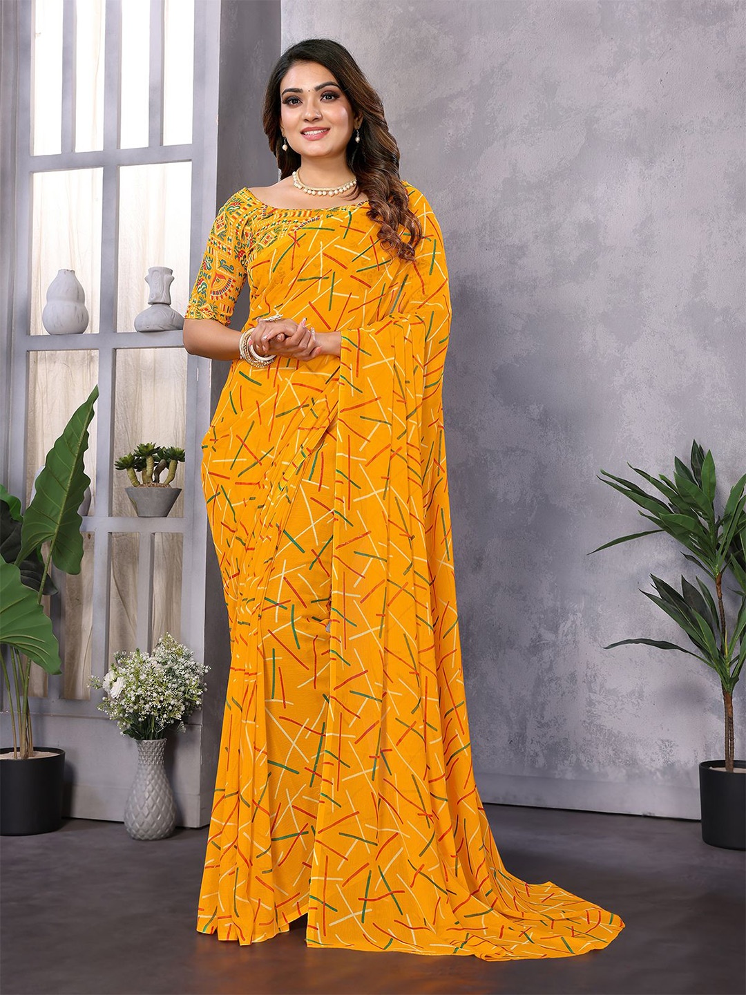 

Moda Rapido Poly Georgette Saree, Yellow