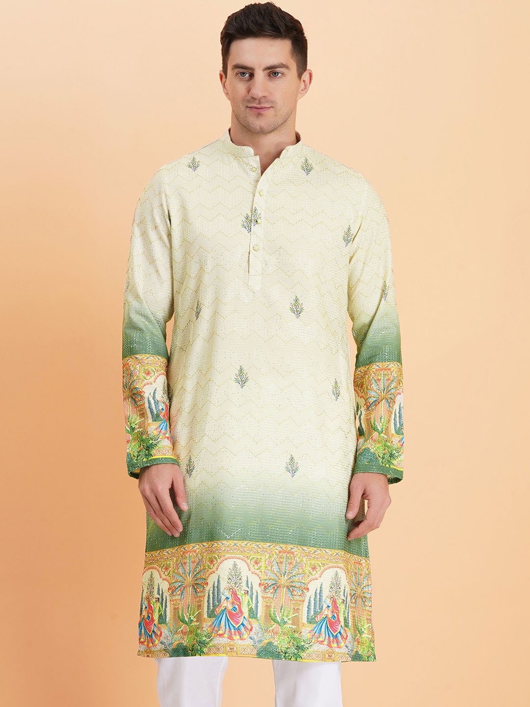 

SG LEMAN Men Ethnic Motifs Printed Thread Work Kurta, Lime green