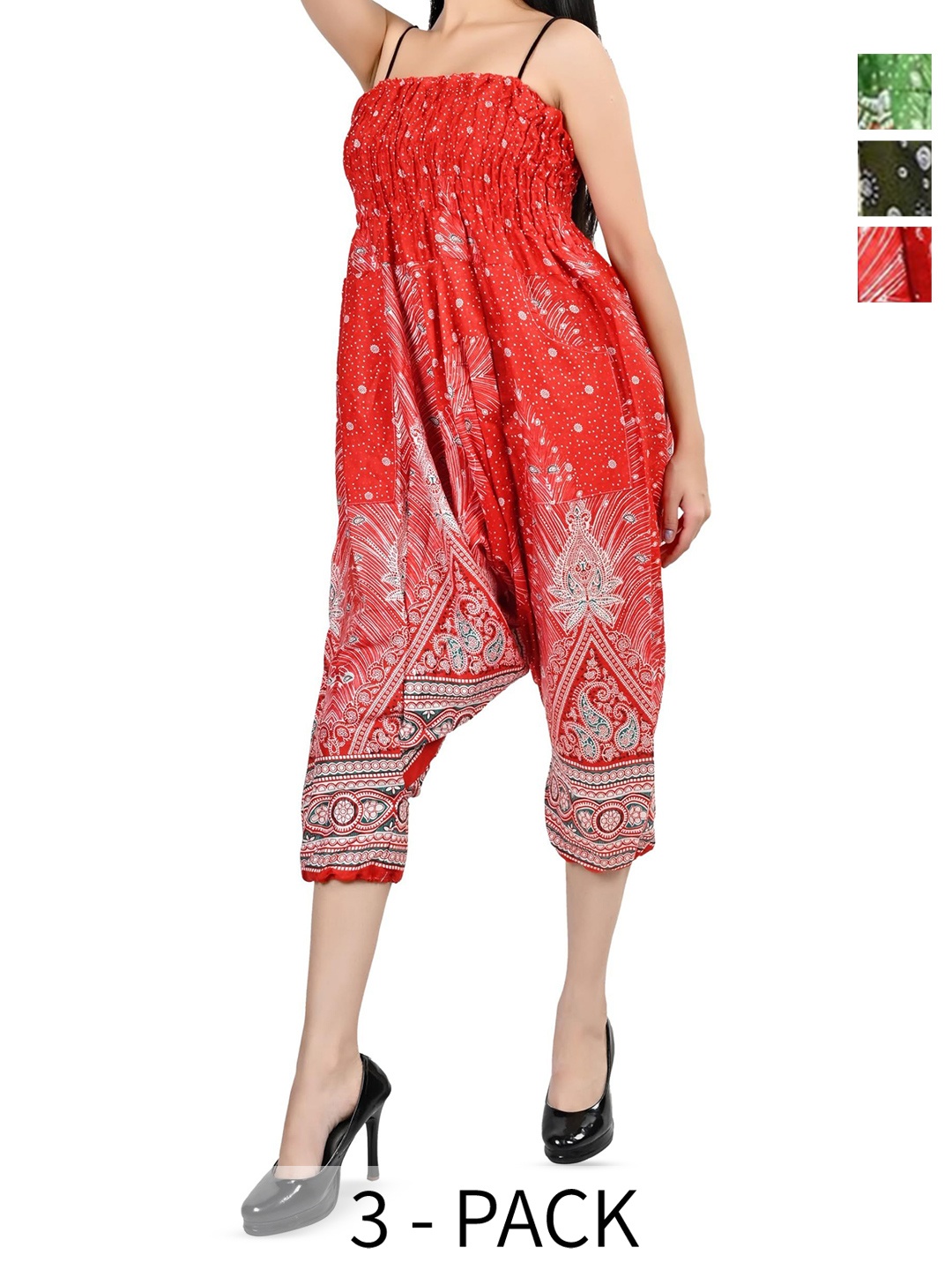 

NarNari Women Pack Of 3 Printed Mid-Rise Harem Pants, Red