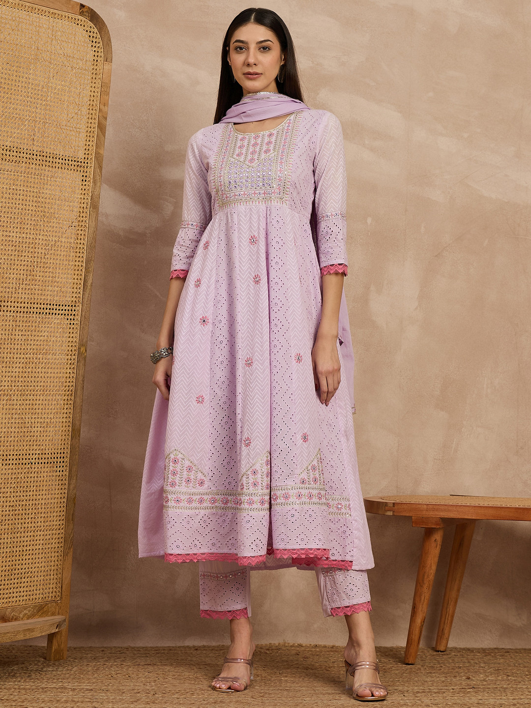 

all about you Ethnic Motifs Embroidered Anarkali Kurta With Trousers And Dupatta, Lavender