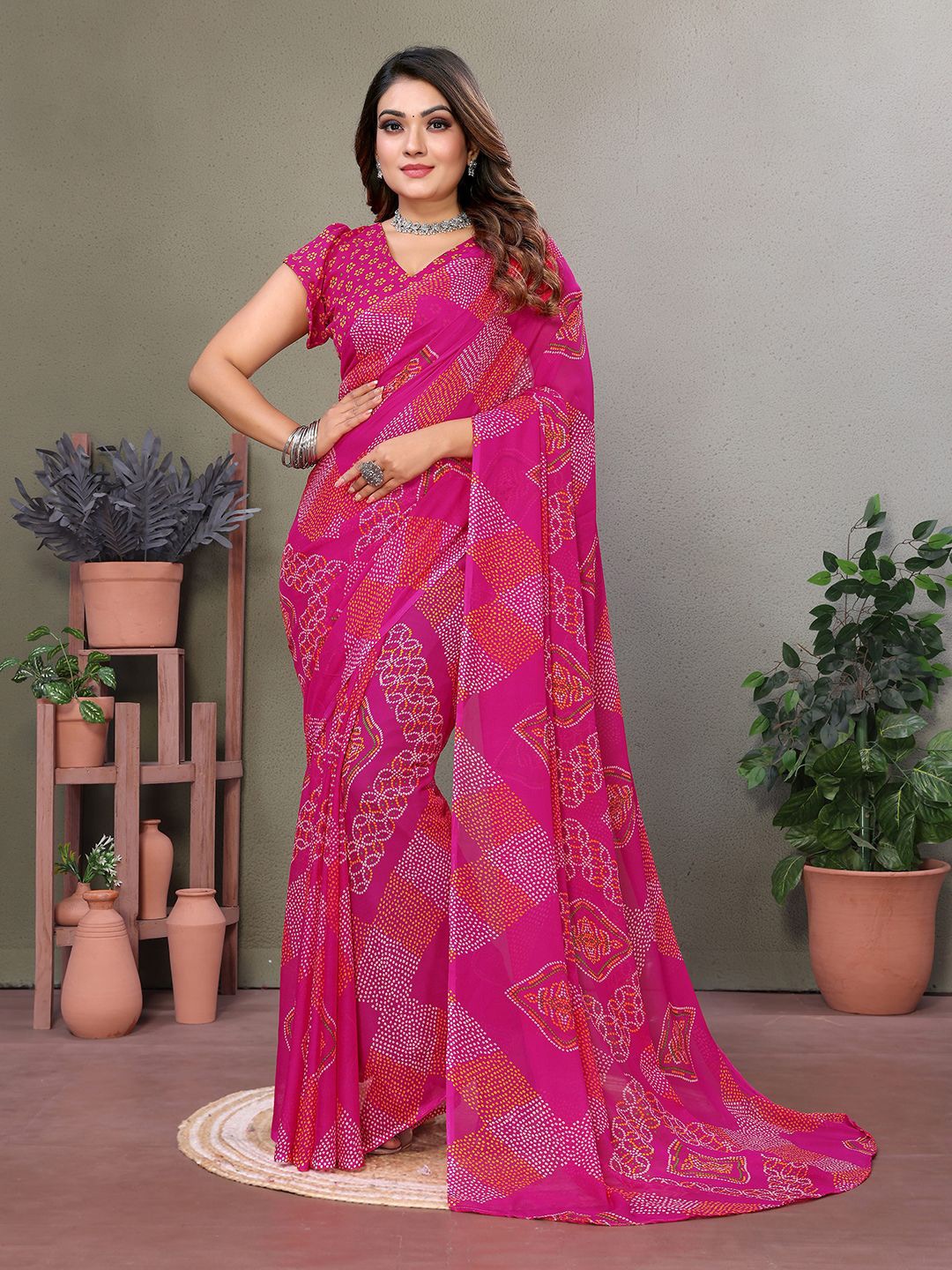 

Moda Rapido Bandhani Poly Georgette Saree, Pink