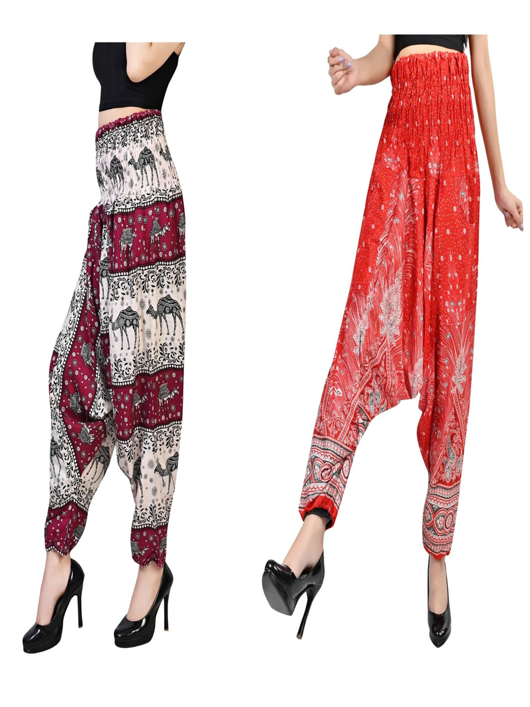 

NarNari Women Pack Of 2 Printed Harem Pants, Red