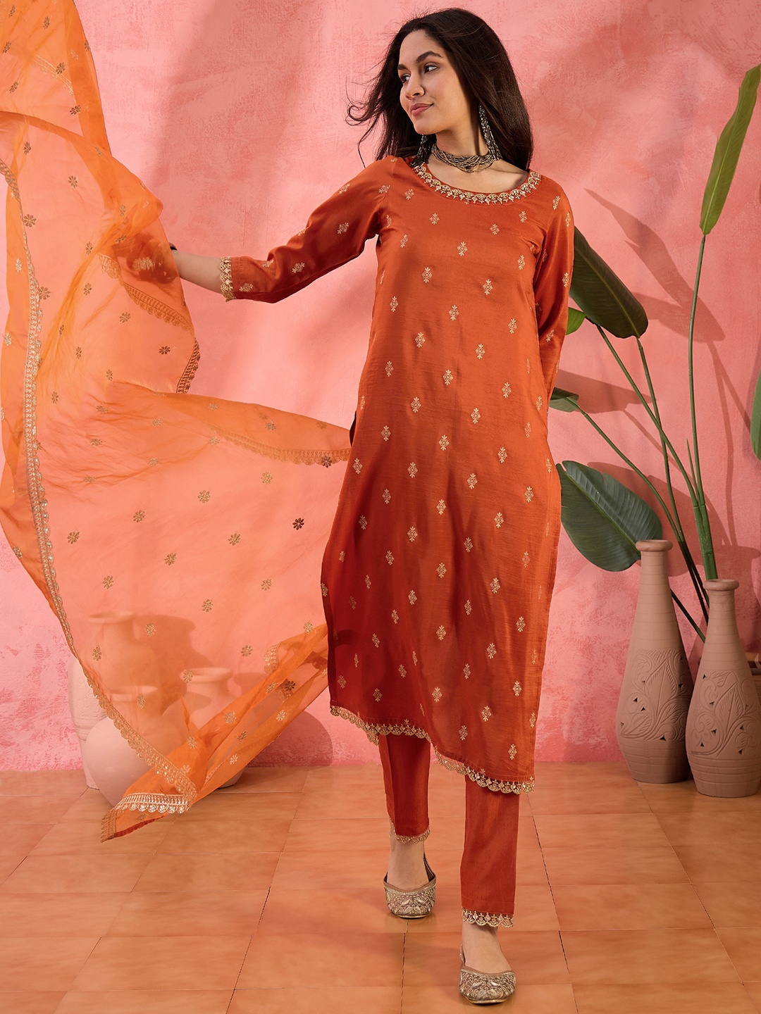 

Sangria Orange Ethnic Motifs Woven Design Sequinned Kurta With Trousers And Dupatta