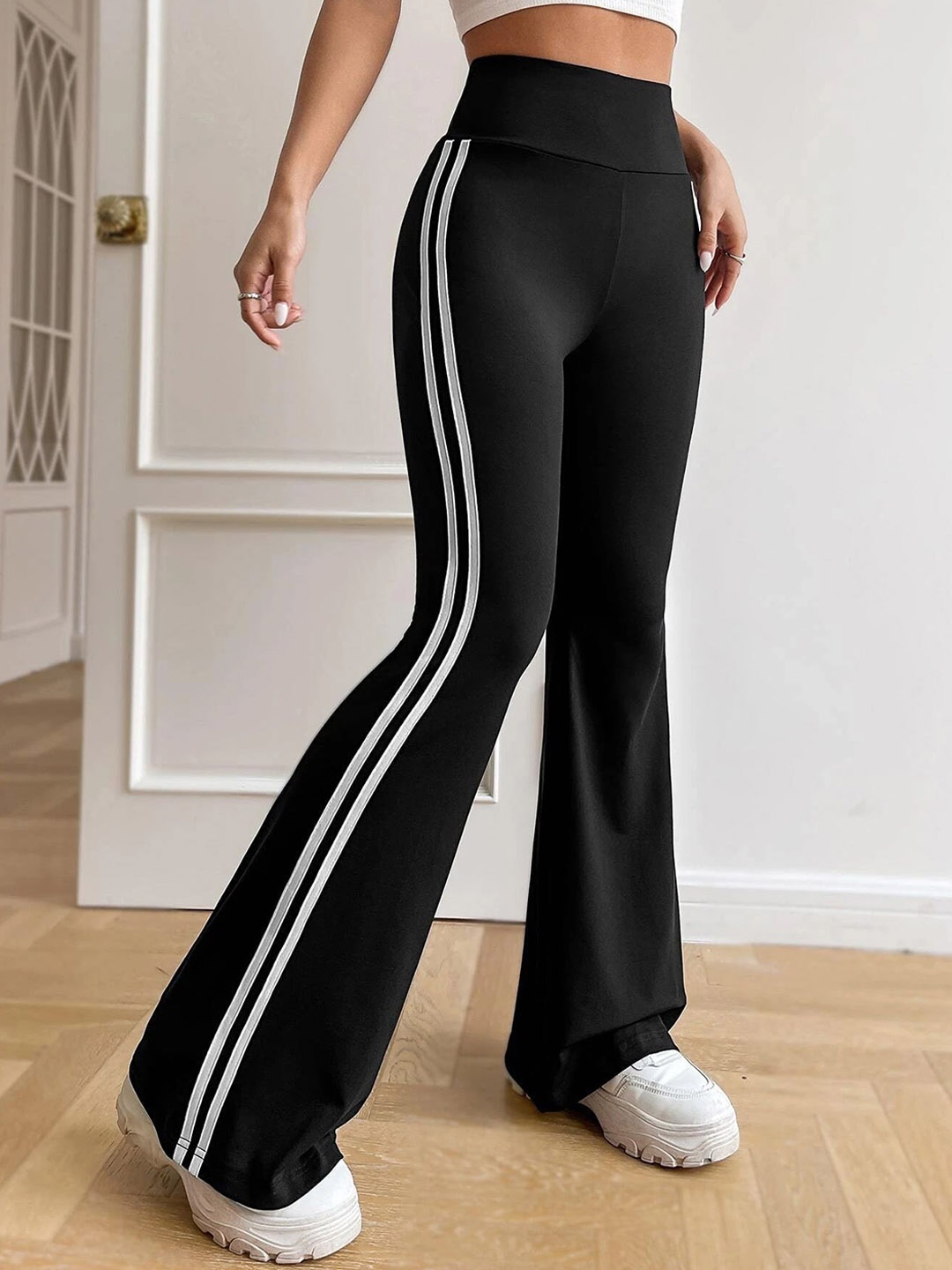 

StyleCast Women Striped Regular Fit High-Rise Bootcut Trouser, Black