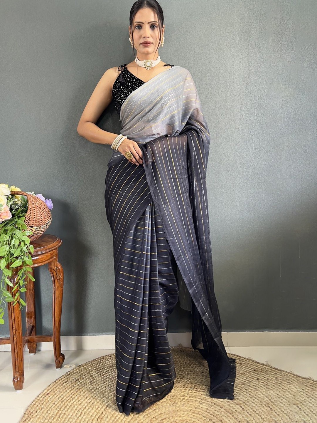 

Moda Rapido Striped Pure Georgette Saree, Silver