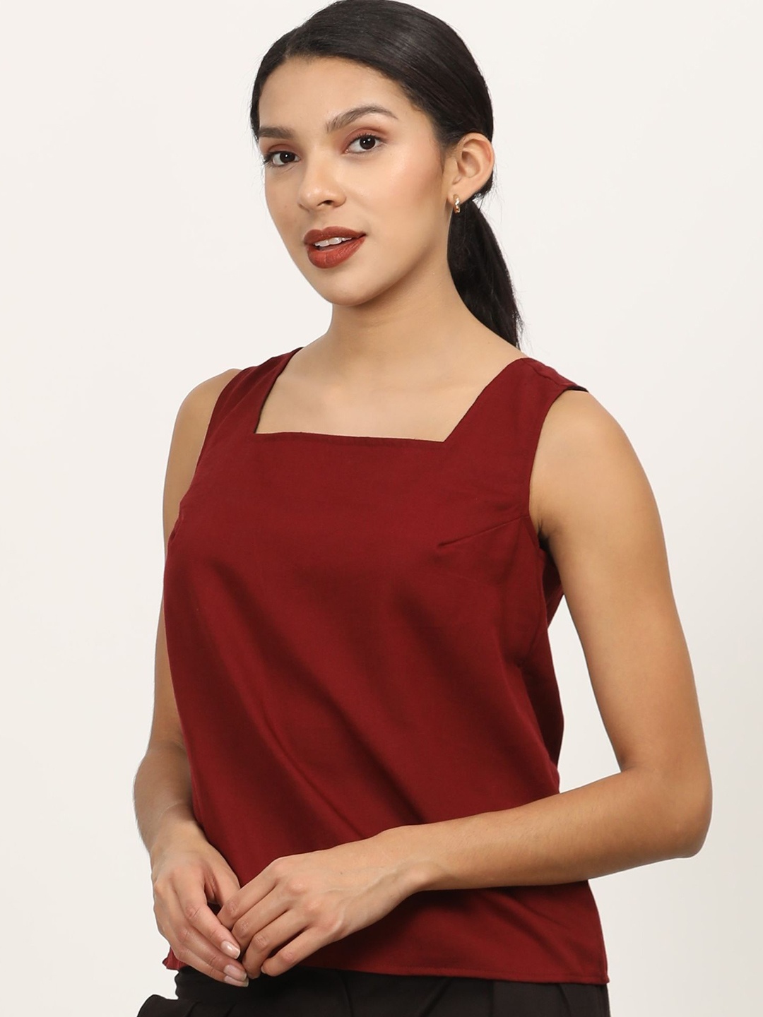 

Saltpetre Tencel Maroon Square Neck Sleeveless Top