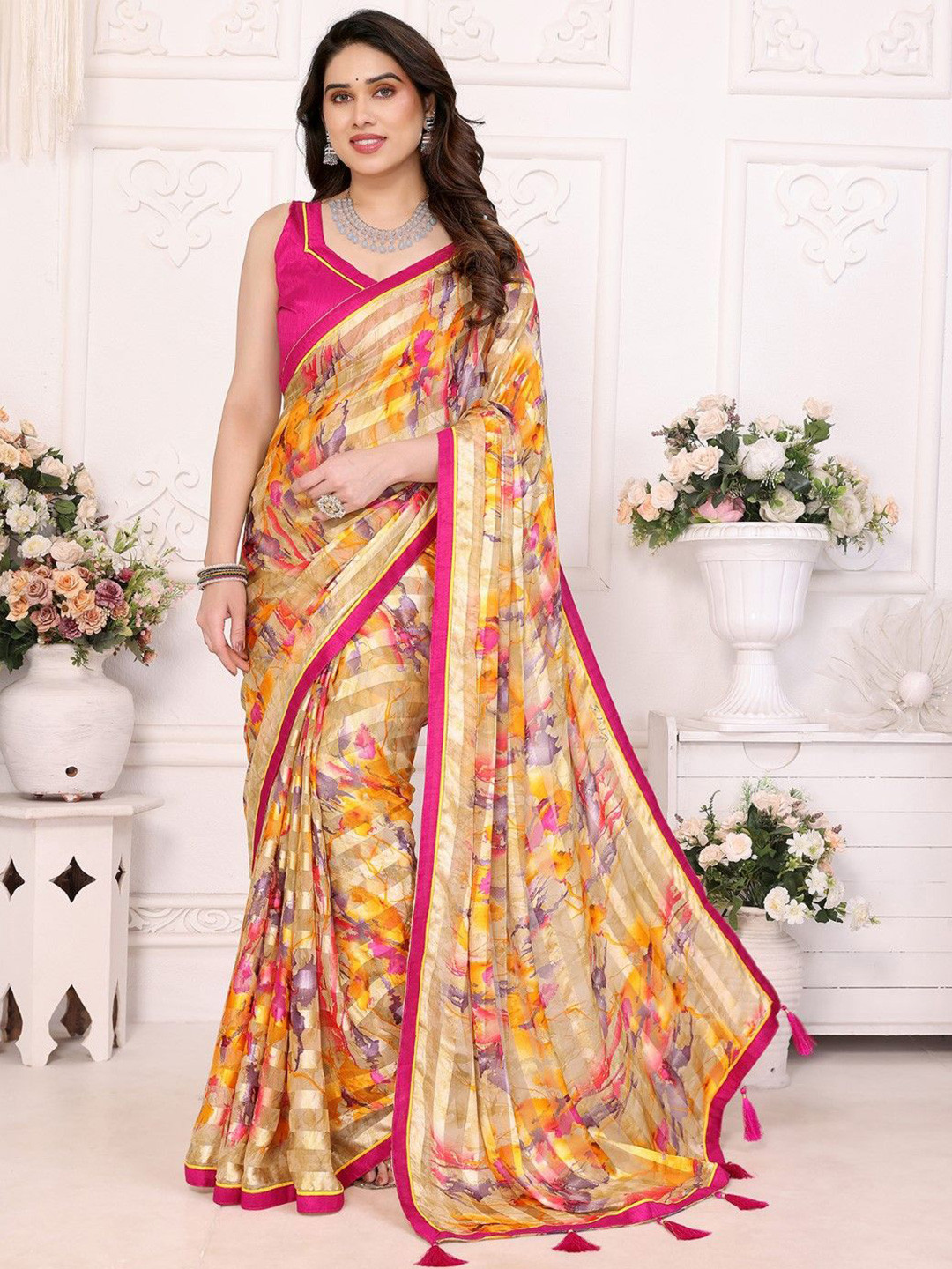 

KALINI Floral Printed Satin Saree, Yellow