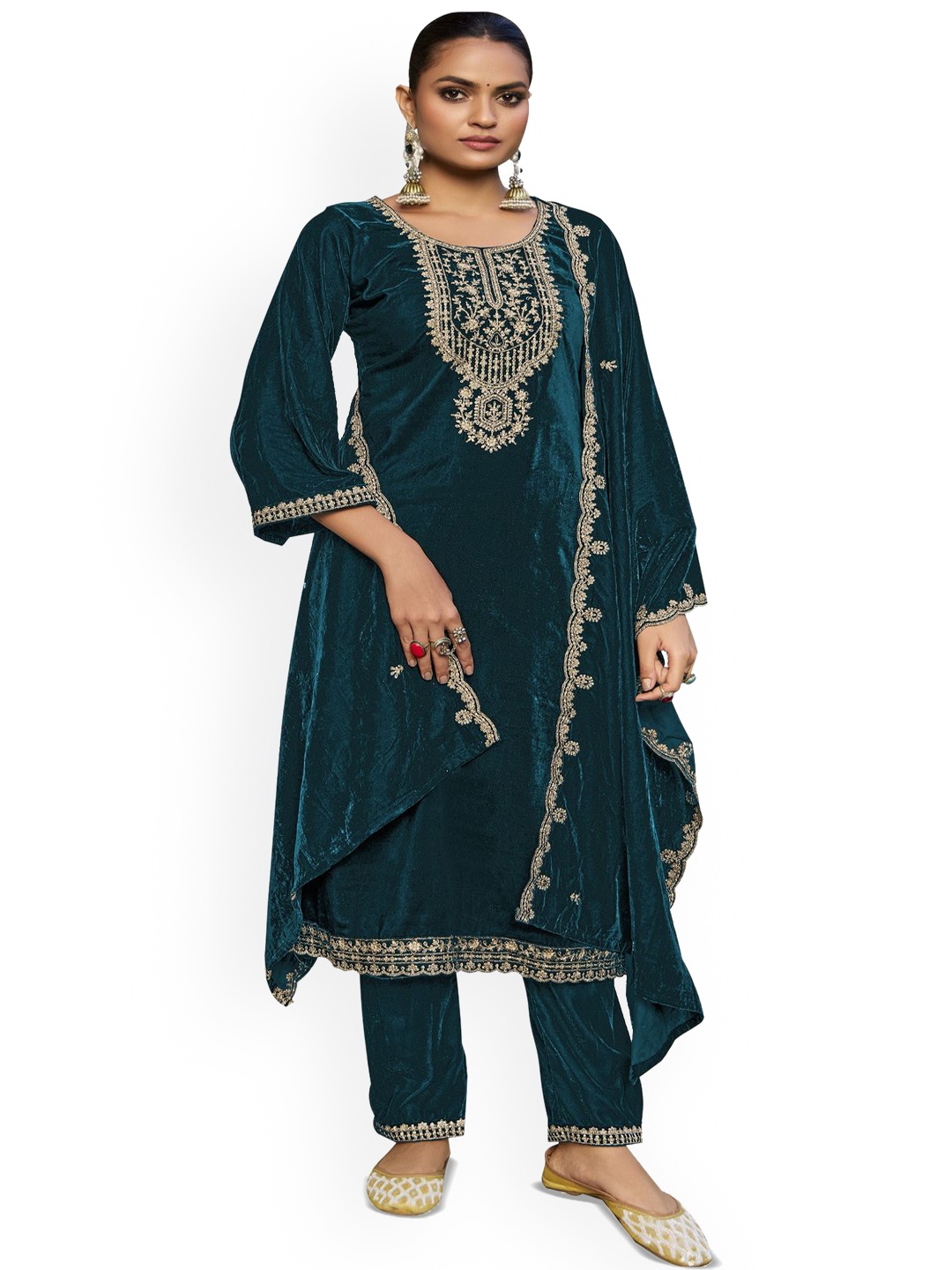 

DRAVINAM Trends Floral Embroidered Zari Work Velvet Unstitched Dress Material, Blue