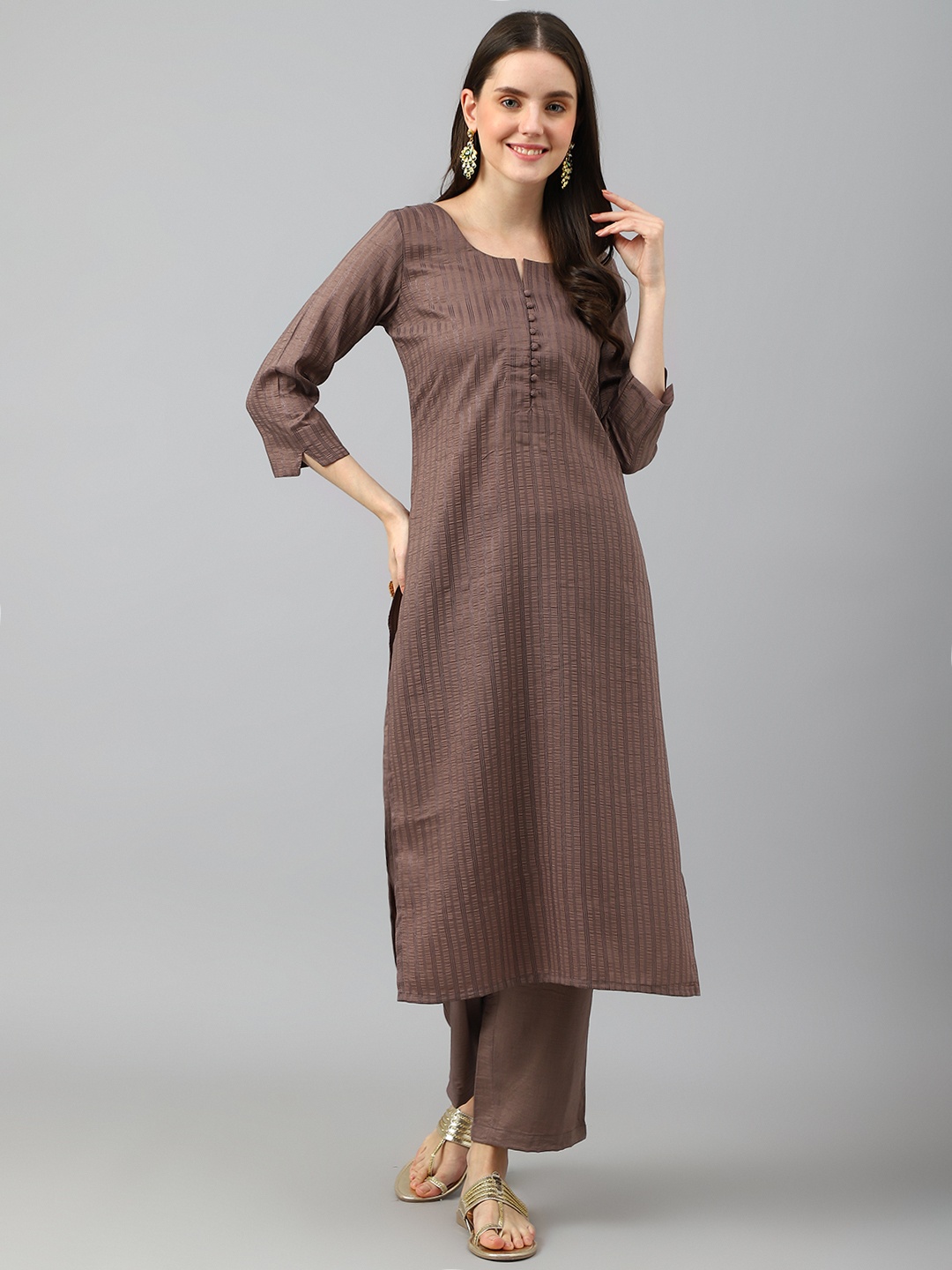 

Fourleaf Women Striped Regular Thread Work Kurta with Trousers, Brown