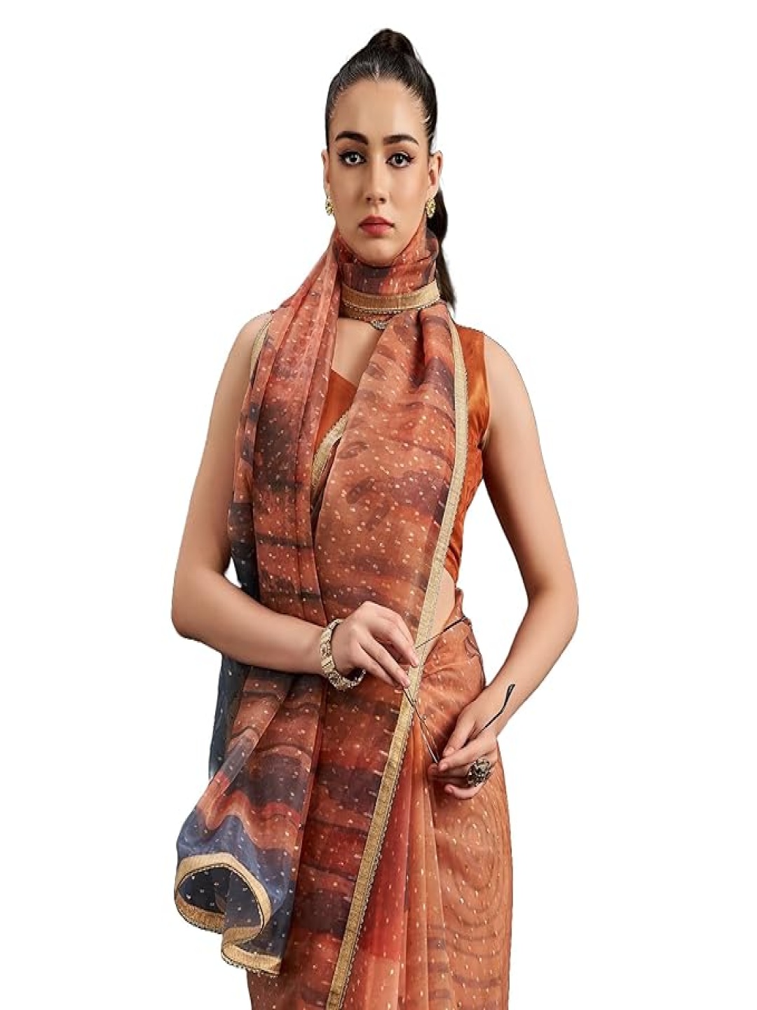 

BW X BUTTERFLY Embroidered Saree With Blouse, Brown