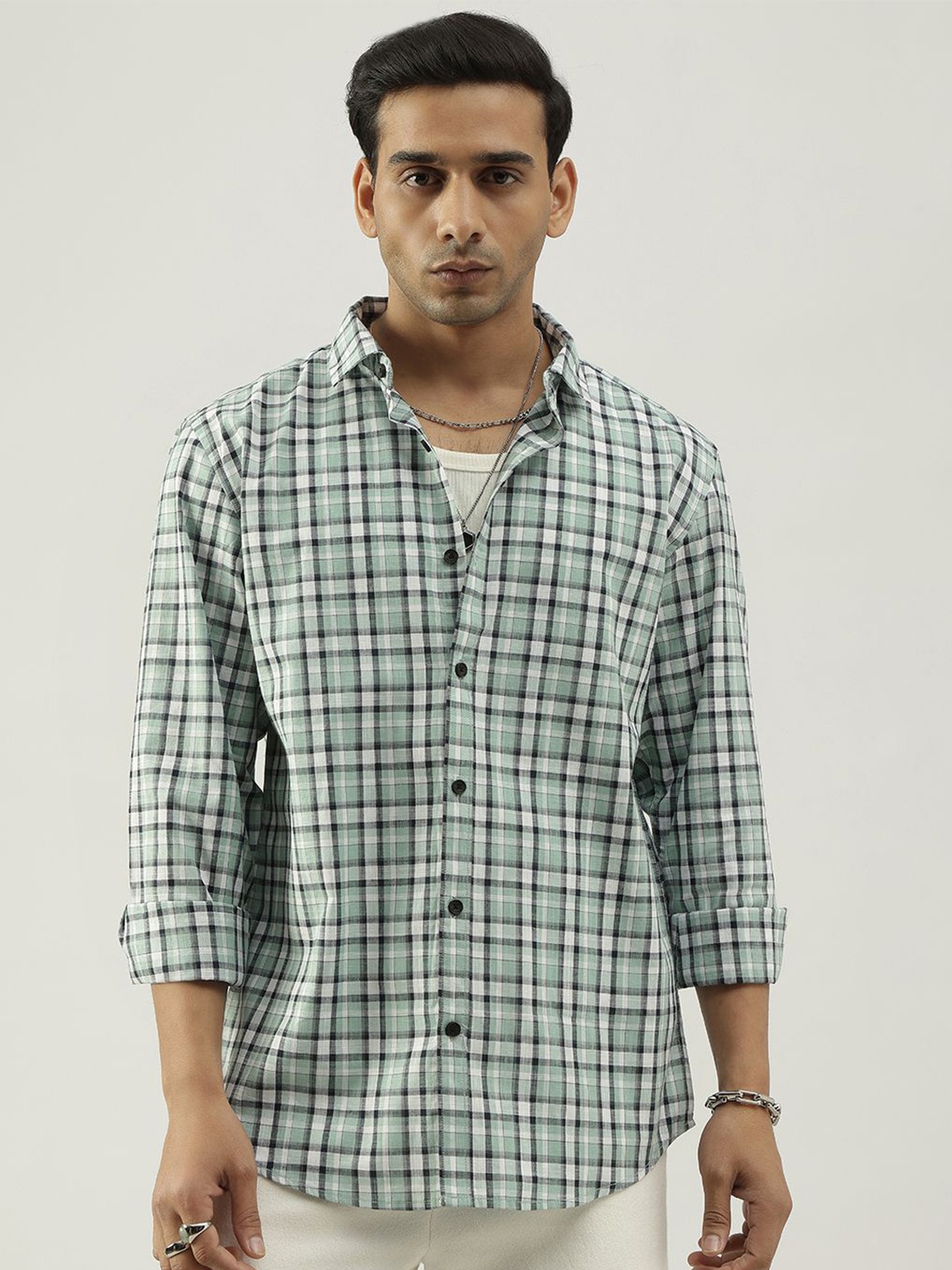 

Code 61 Men Standard Slim Fit Shepherd Checks Opaque Checked Casual Shirt, Green