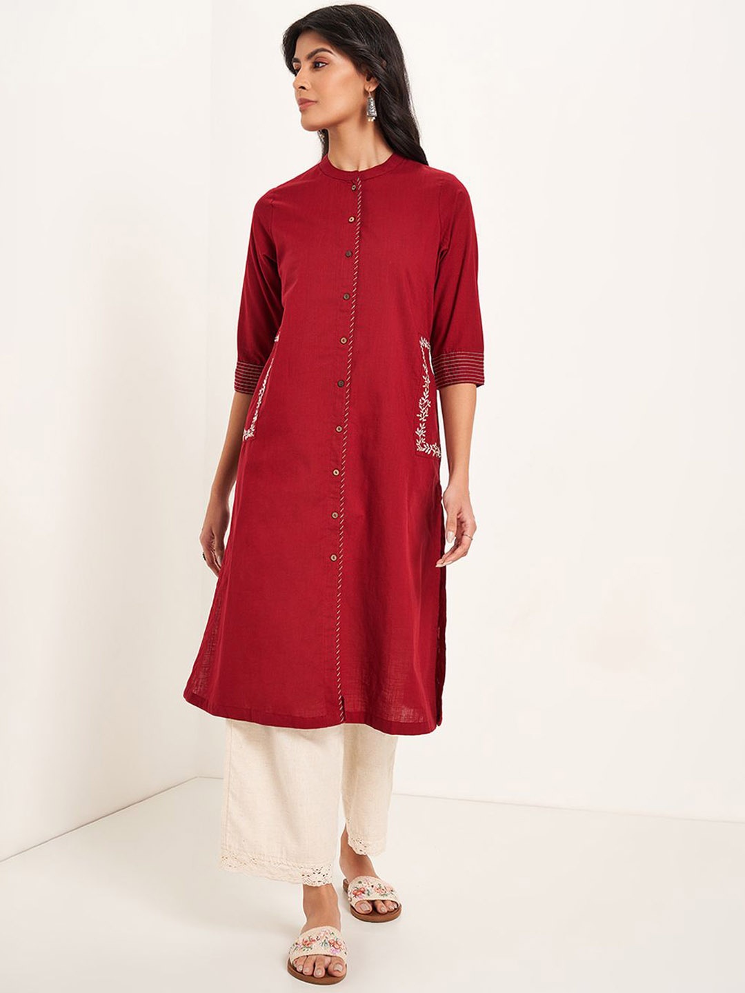 

RANGMANCH BY PANTALOONS Thread Work Mandarin Collar A-Line Pure Cotton Kurta, Red