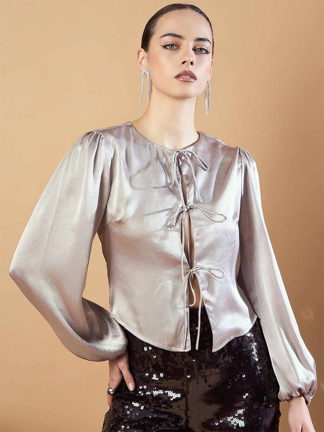 

Kibo Women Satin Bow Tie-up A-Line Top, Champagne