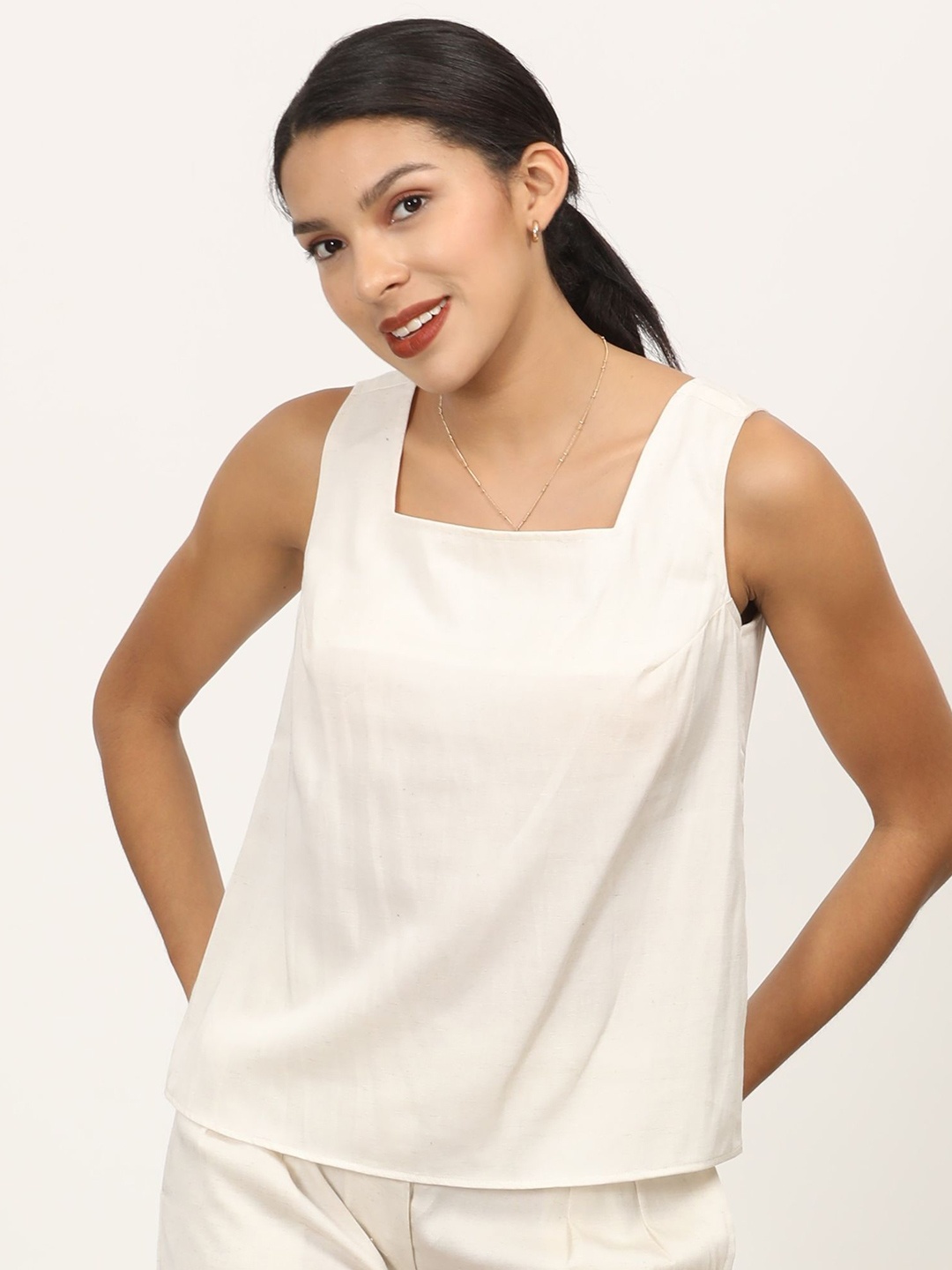 

Saltpetre Women Tencel Square Neck Sleeveless Top, Cream