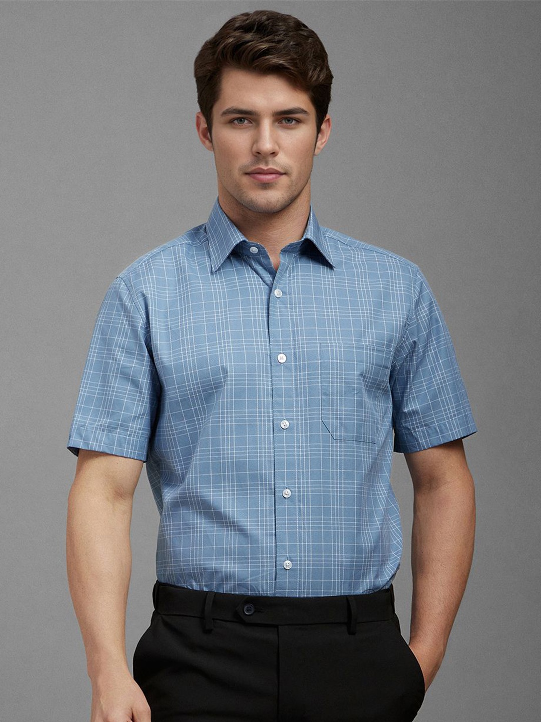 

Louis Philippe Men Classic Fit Spread Collar Checked Cotton Formal Shirt, Blue