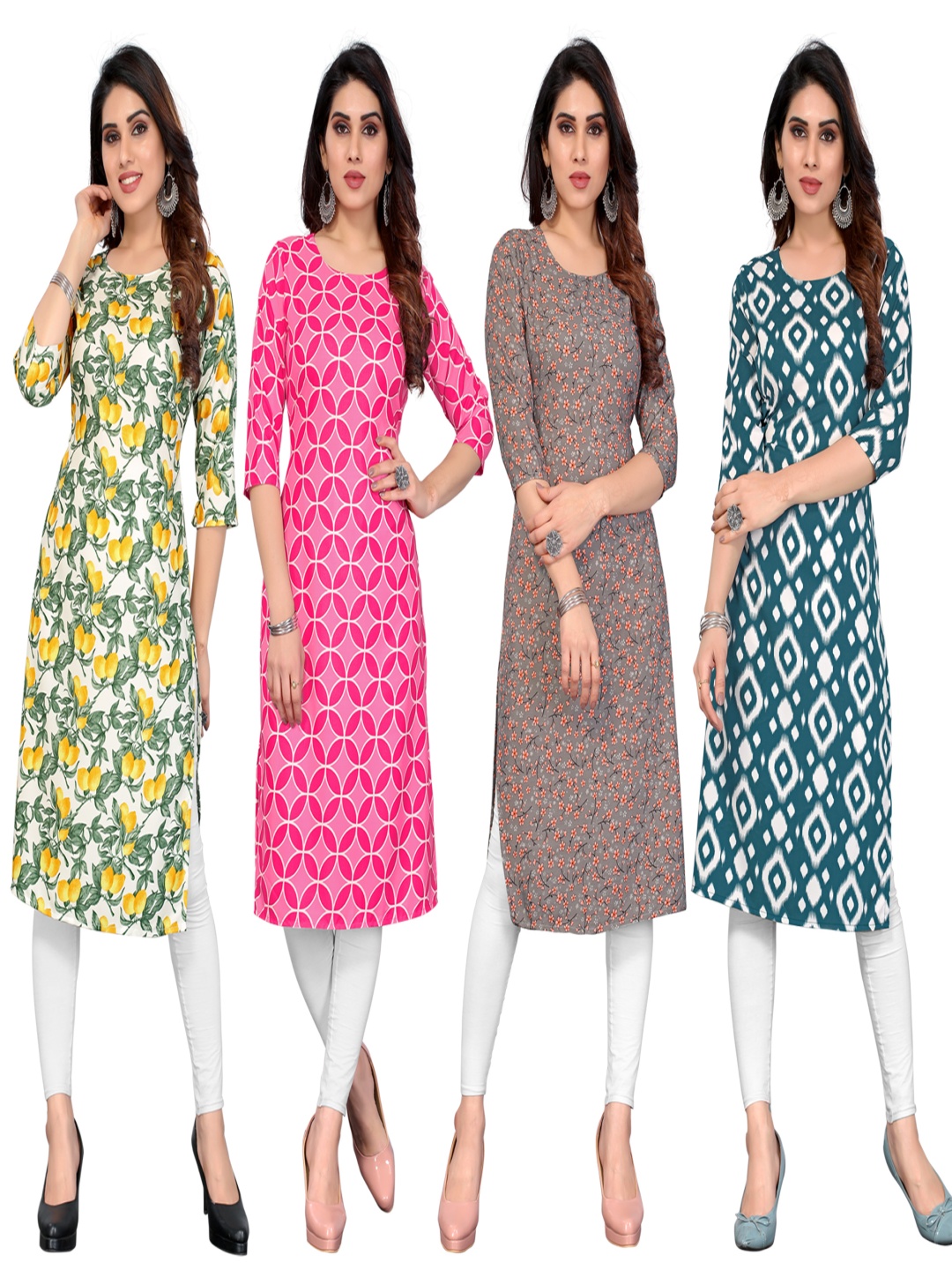

KETAKI FASHION Selection Of 4 Floral Printed Round Neck Straight Kurtas, Green
