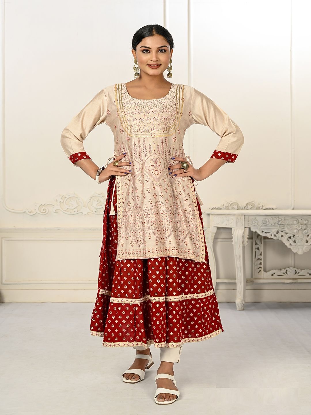 

Krimmple Ethnic Motifs Printed Kurta, Cream