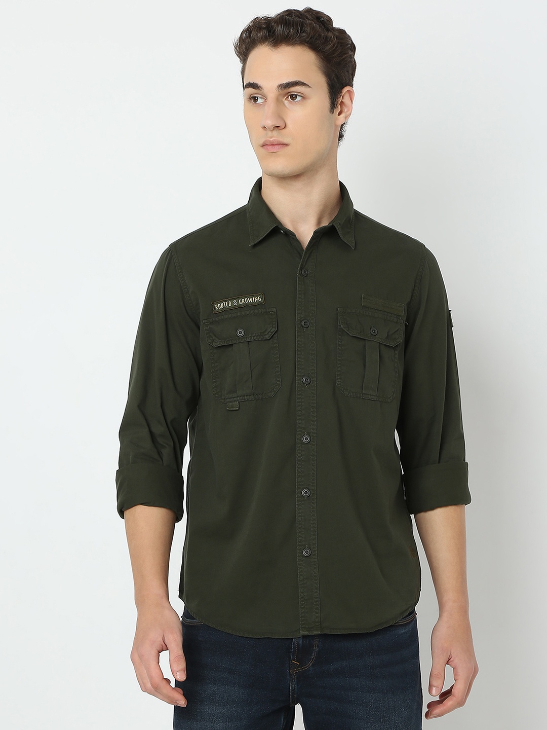 

SPYKAR Men Spread Collar Solid Cotton Casual Shirt, Olive