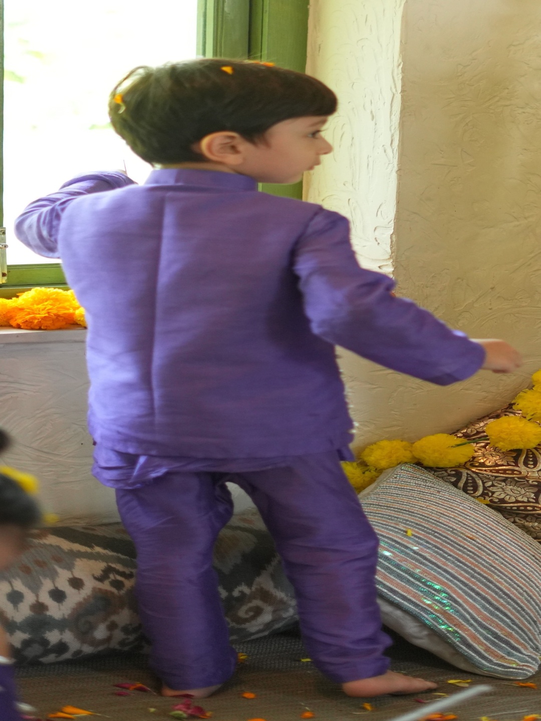 

Funny Bones Clothings Boys Mandarin Collar Pure Silk Kurta With Pyjama and Nehru Jacket, Purple