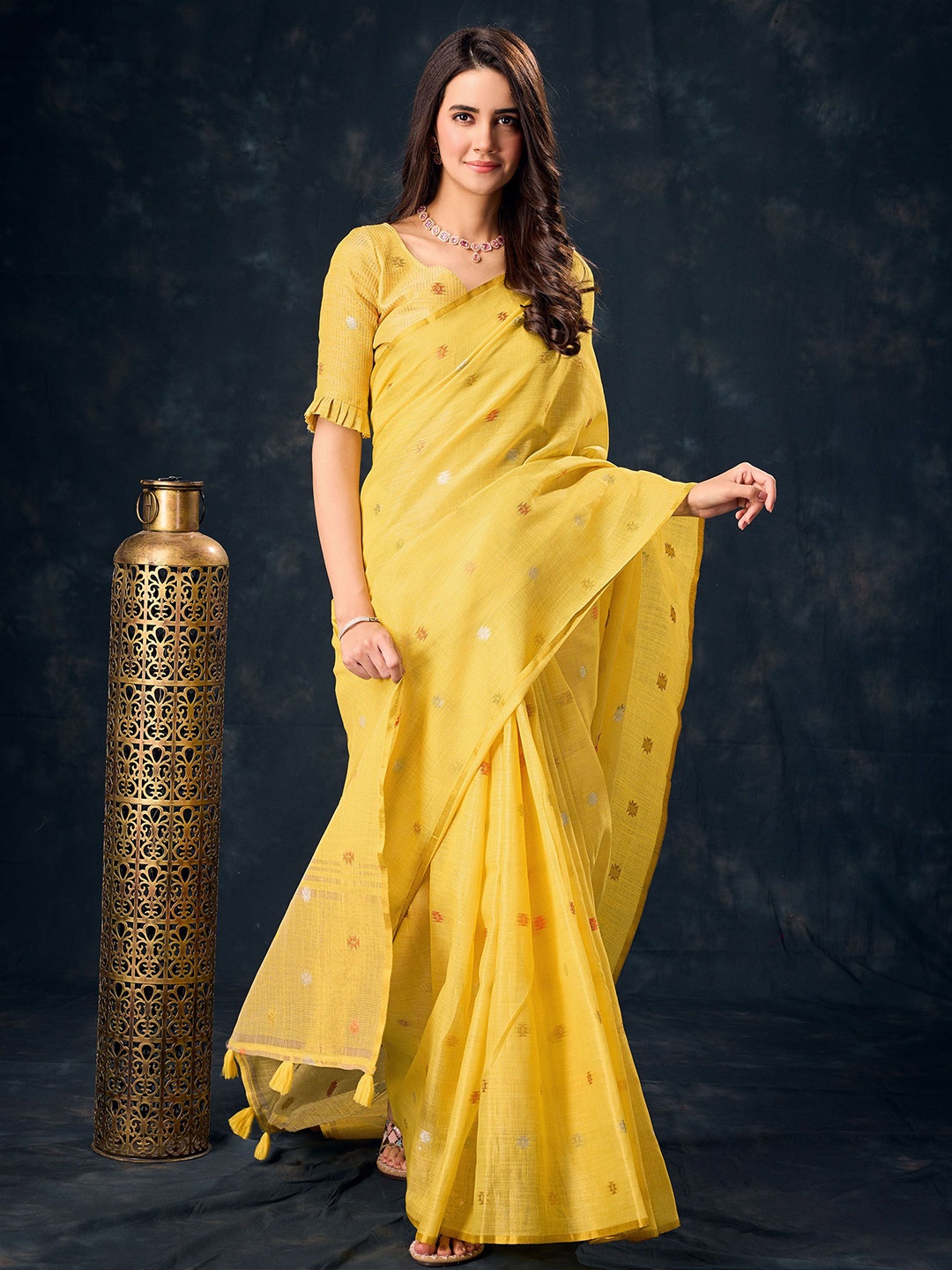 

Ethnielle Woven Design Zari Tissue Saree, Yellow