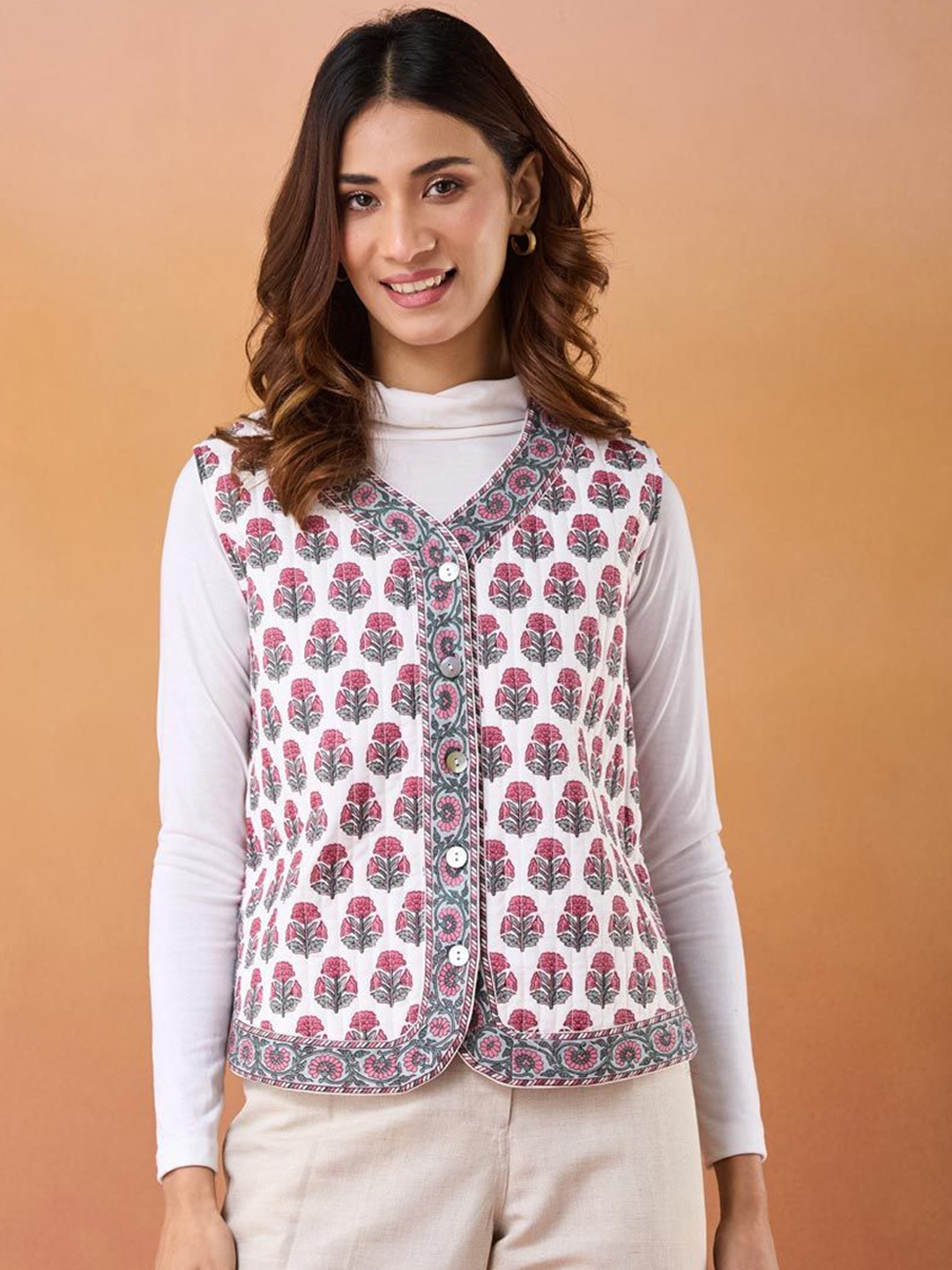 

Fabindia Women Collarless Floral Printed Cotton Casual Tailored Jacket, White