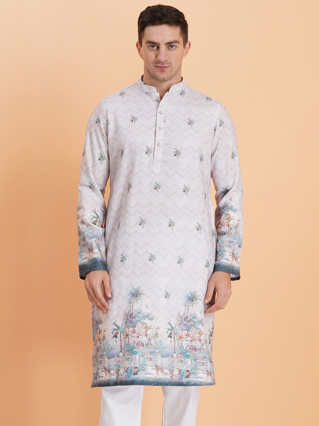 

SG LEMAN Floral Printed Mandarin Collar Cotton Straight Kurta, Purple