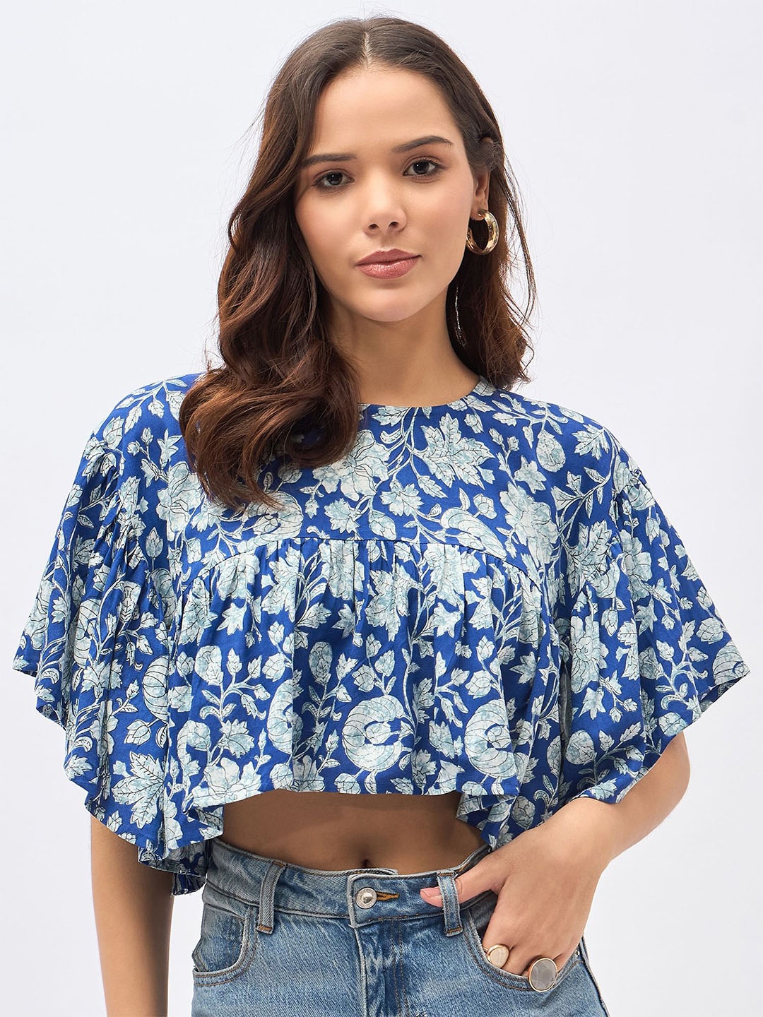 

DressBerry Floral Print Flutter Sleeve Kaftan Crop Top, Navy blue