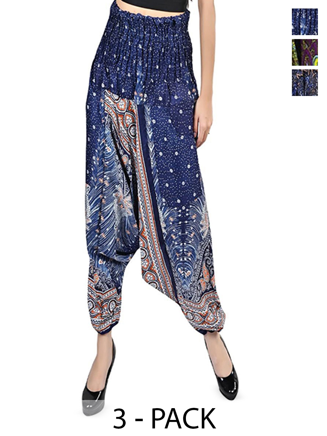 

NarNari Women Pack Of 3 Printed Mid-Rise Harem Pants, Blue