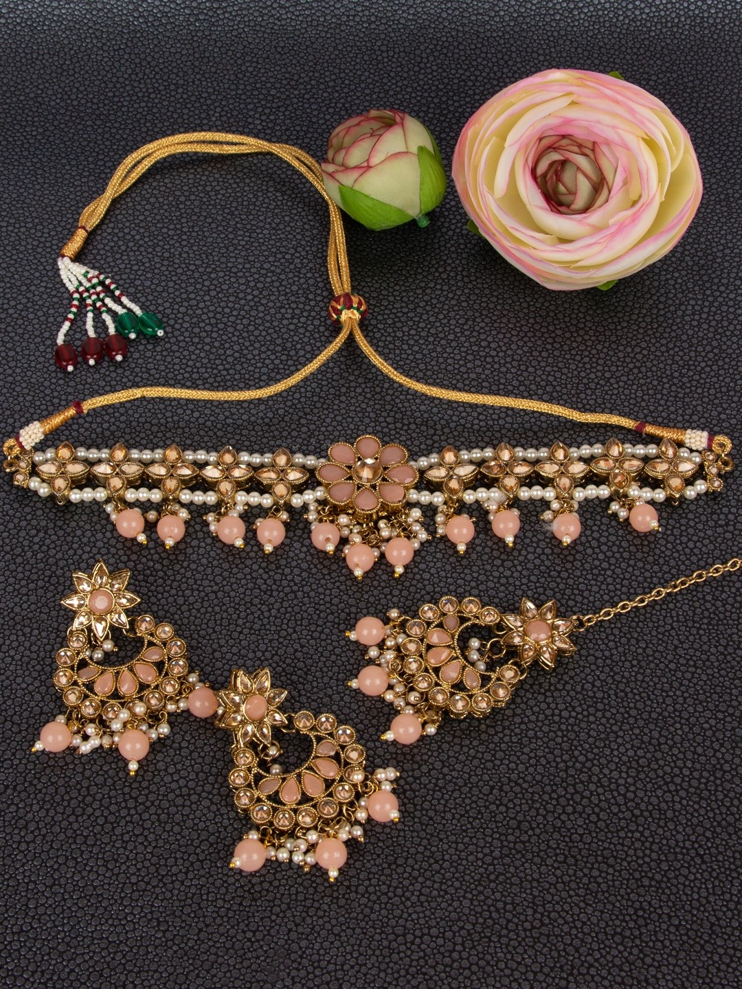 

Anouk Gold-Plated And Pink Stone Studded And Beaded Necklace And Earrings