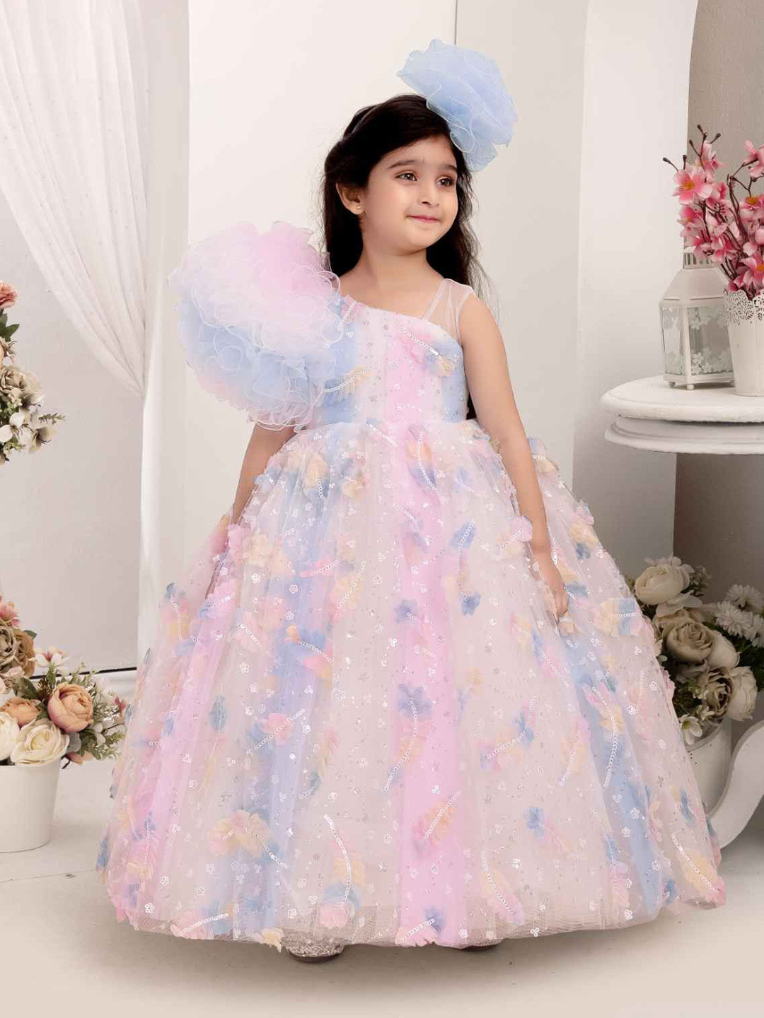 

Lagorii Girls Floral Asymmetric Neck Ruffle Net Fit & Flare Maxi Dress, Pink