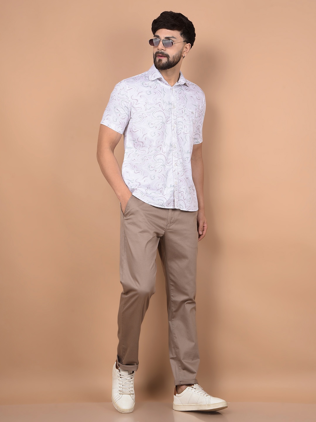 

Crimsoune Club Men Premium Slim Fit Spread Collar Abstract Printed Cotton Casual Shirt, White