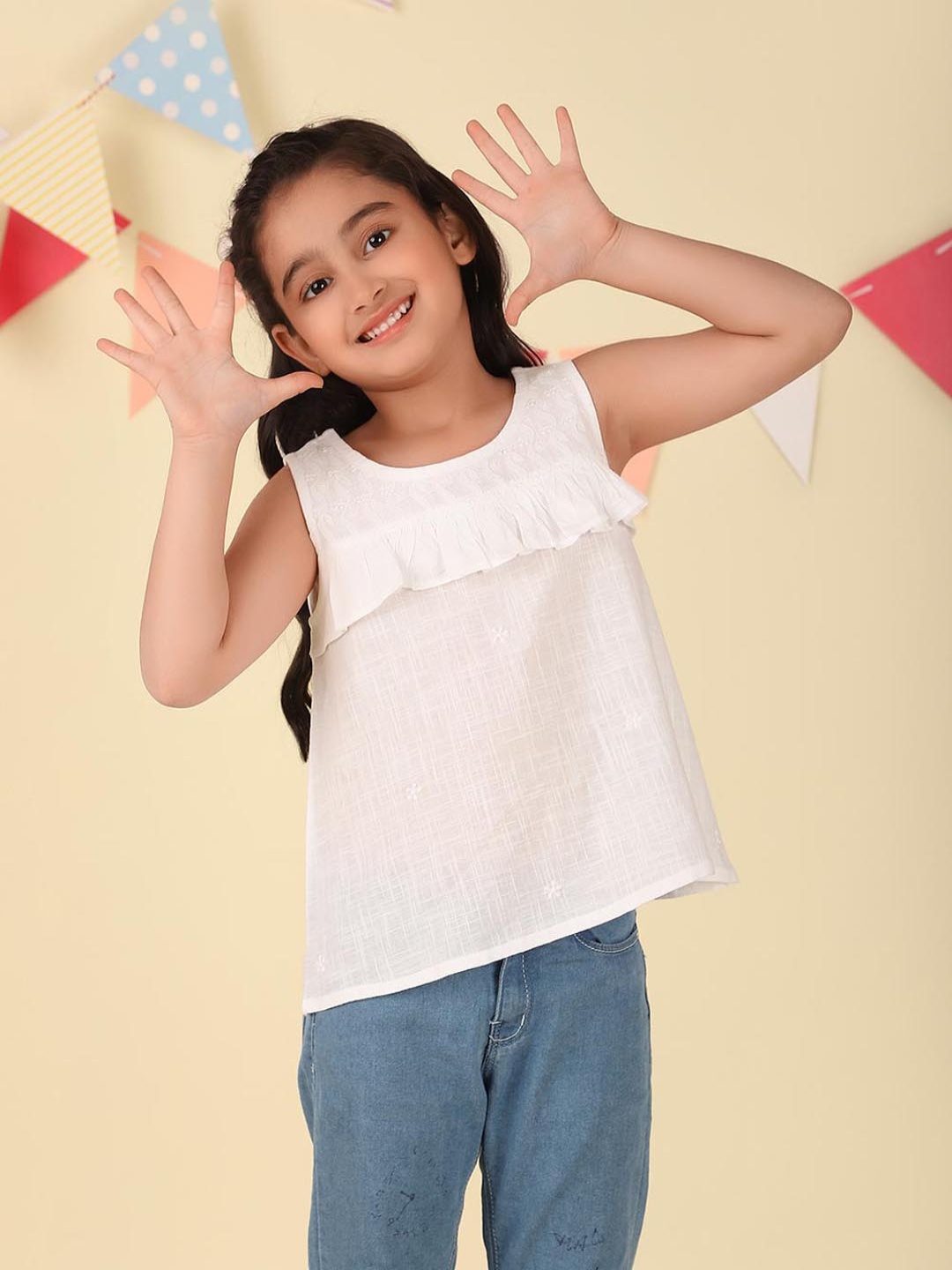 

Fabindia Girls Embroidered Cotton Top, White