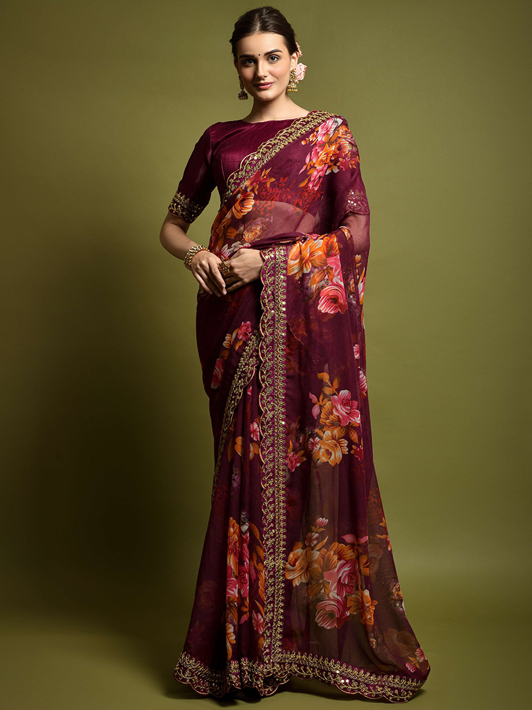 

Moda Rapido Floral Sequinned Pure Georgette Saree, Purple
