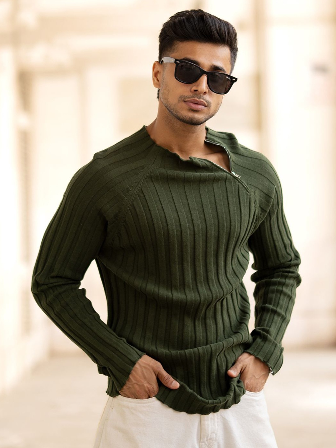 

Powerlook Men Striped Round Neck Cotton T-shirt, Olive